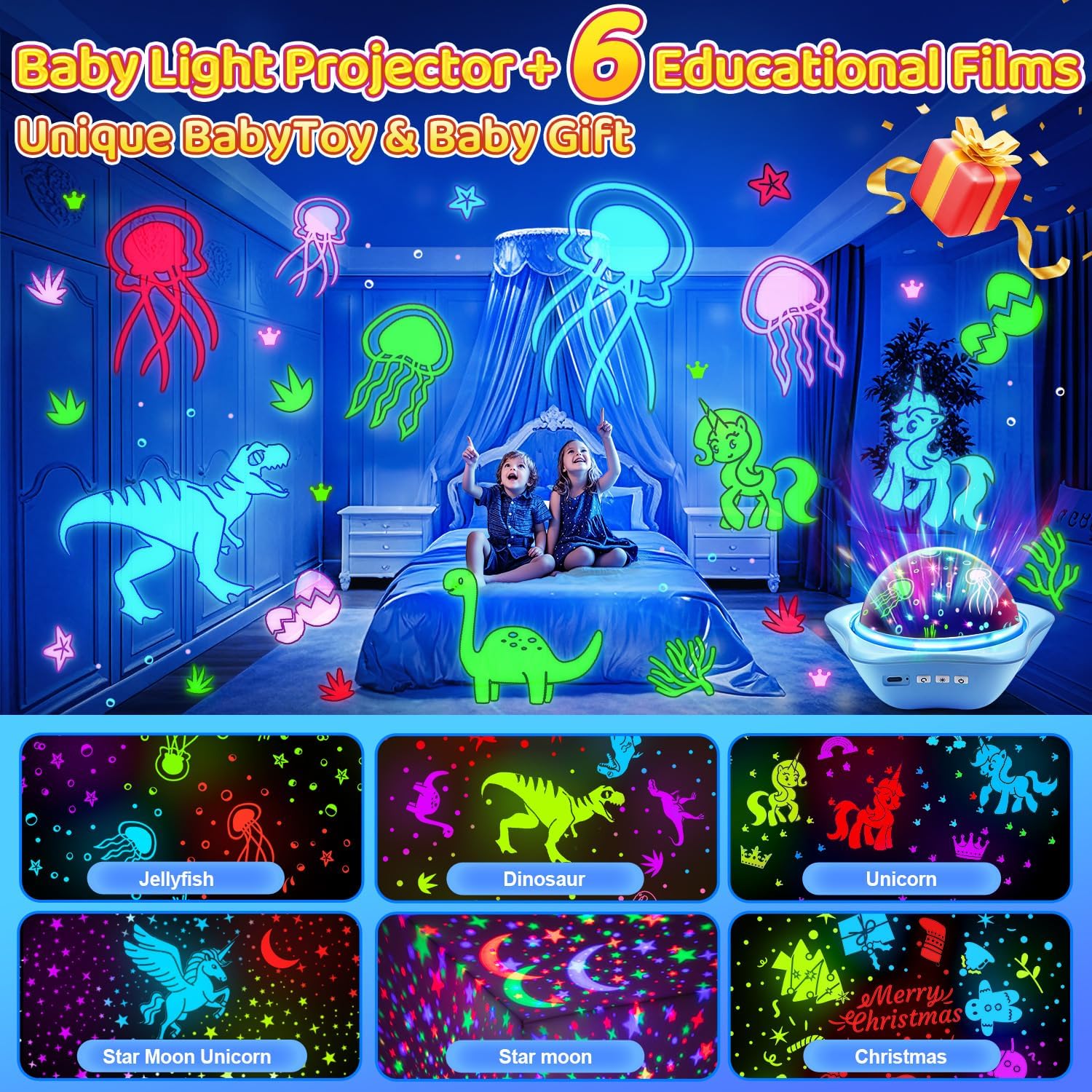 One Fire Sternenhimmel Projektor 90 Lichtmodi, 6 Filme, 360° Drehung, 2400mAh Ak