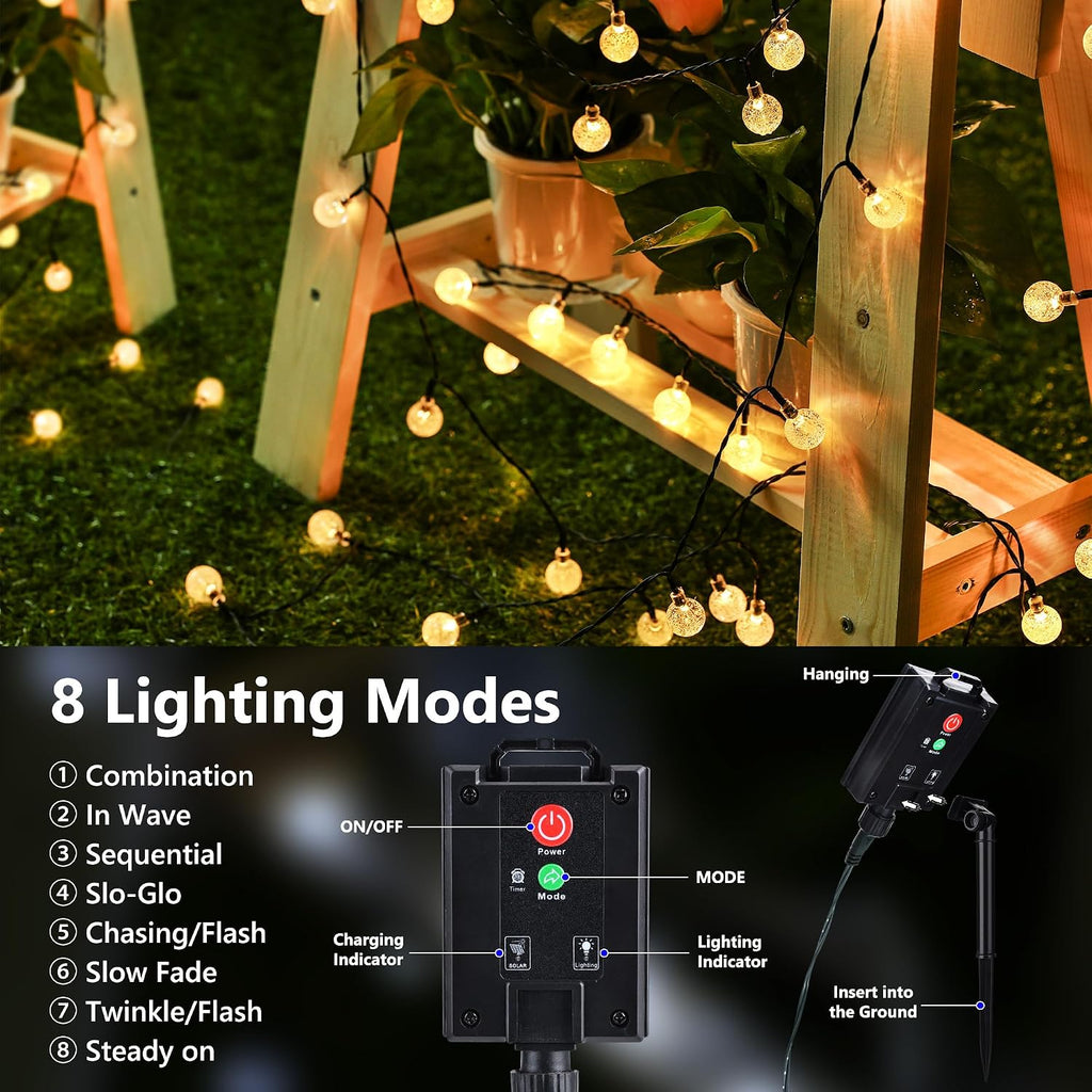 Flacchi Solar Lichterkette 30 LED Warmweiss IP65 8 Modi fuer Aussen, Wetterfest