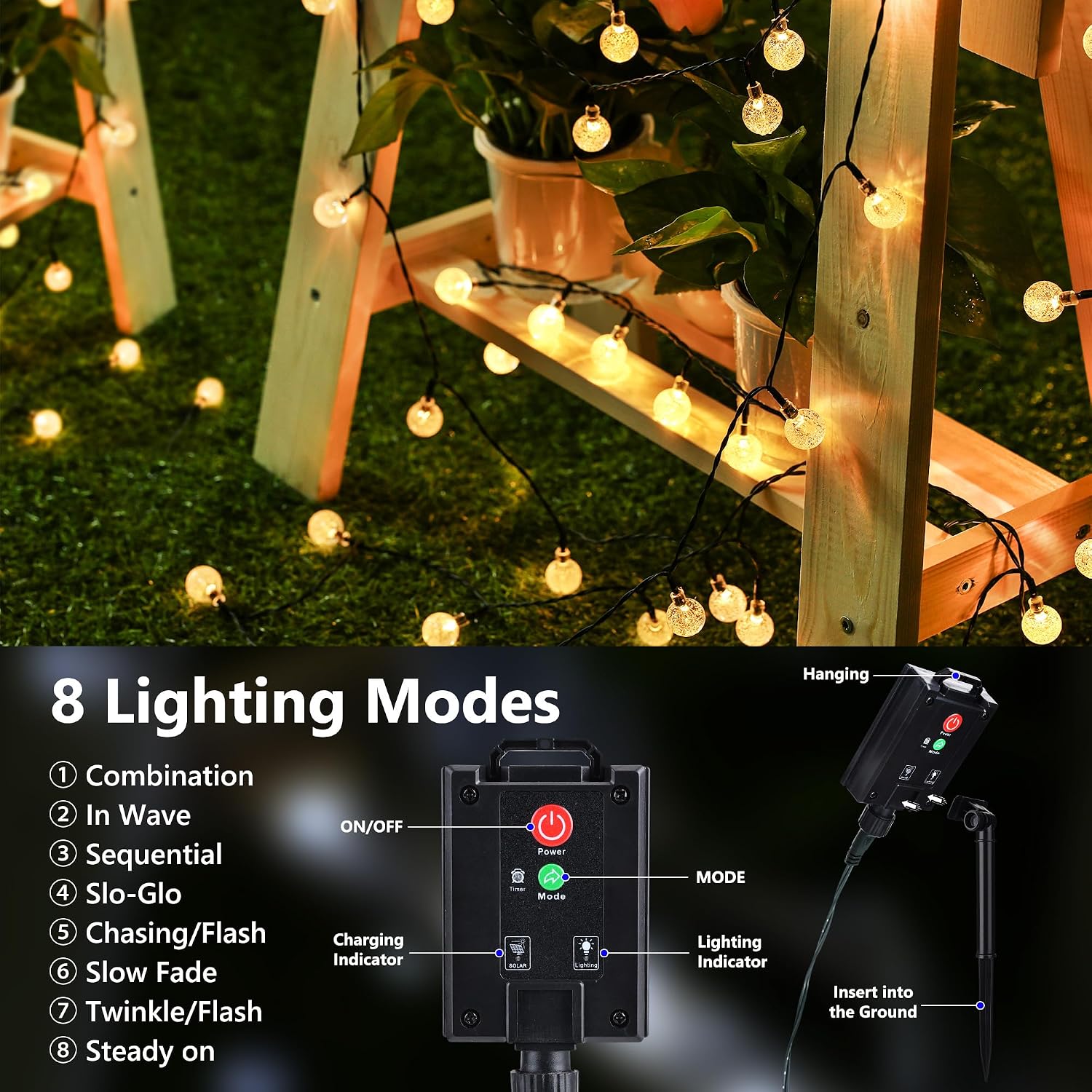 Flacchi Solar Lichterkette 30 LED Warmweiss IP65 8 Modi fuer Aussen, Wetterfest