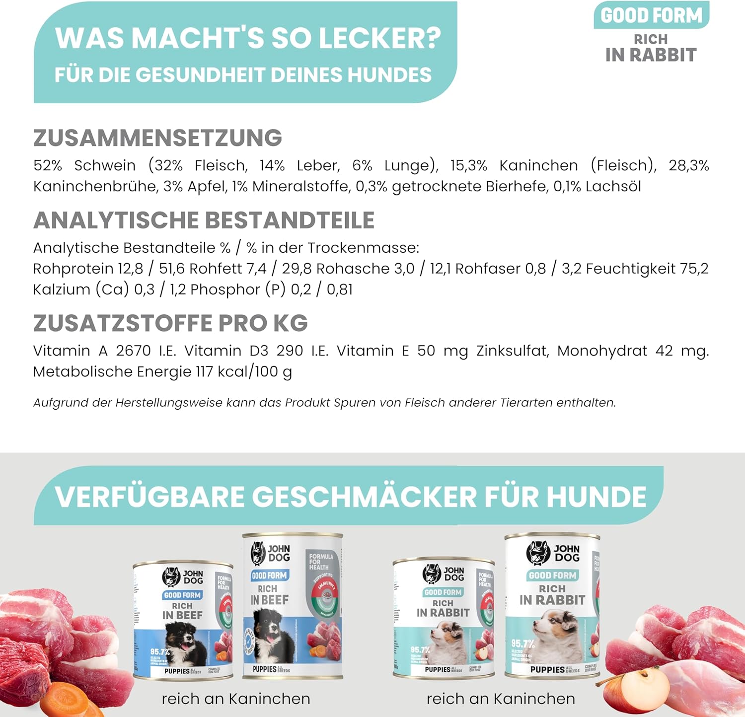 Hundefutter nass Kaninchen getreidefrei 95,7% Fleisch 12x400g verschie