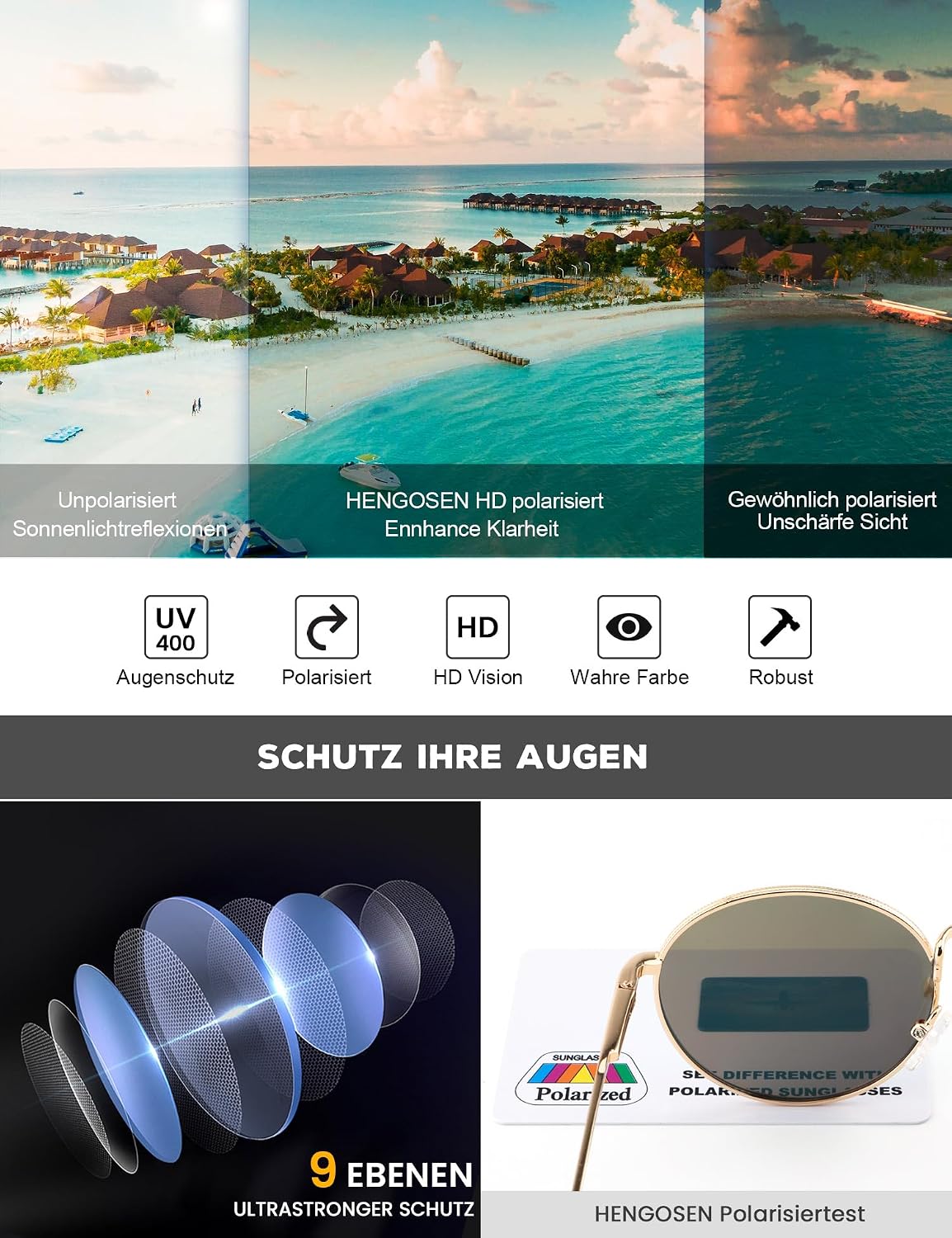 HENGOSEN Herren Sonnenbrille rund polarisiert Metallrahmen Retro Unisex