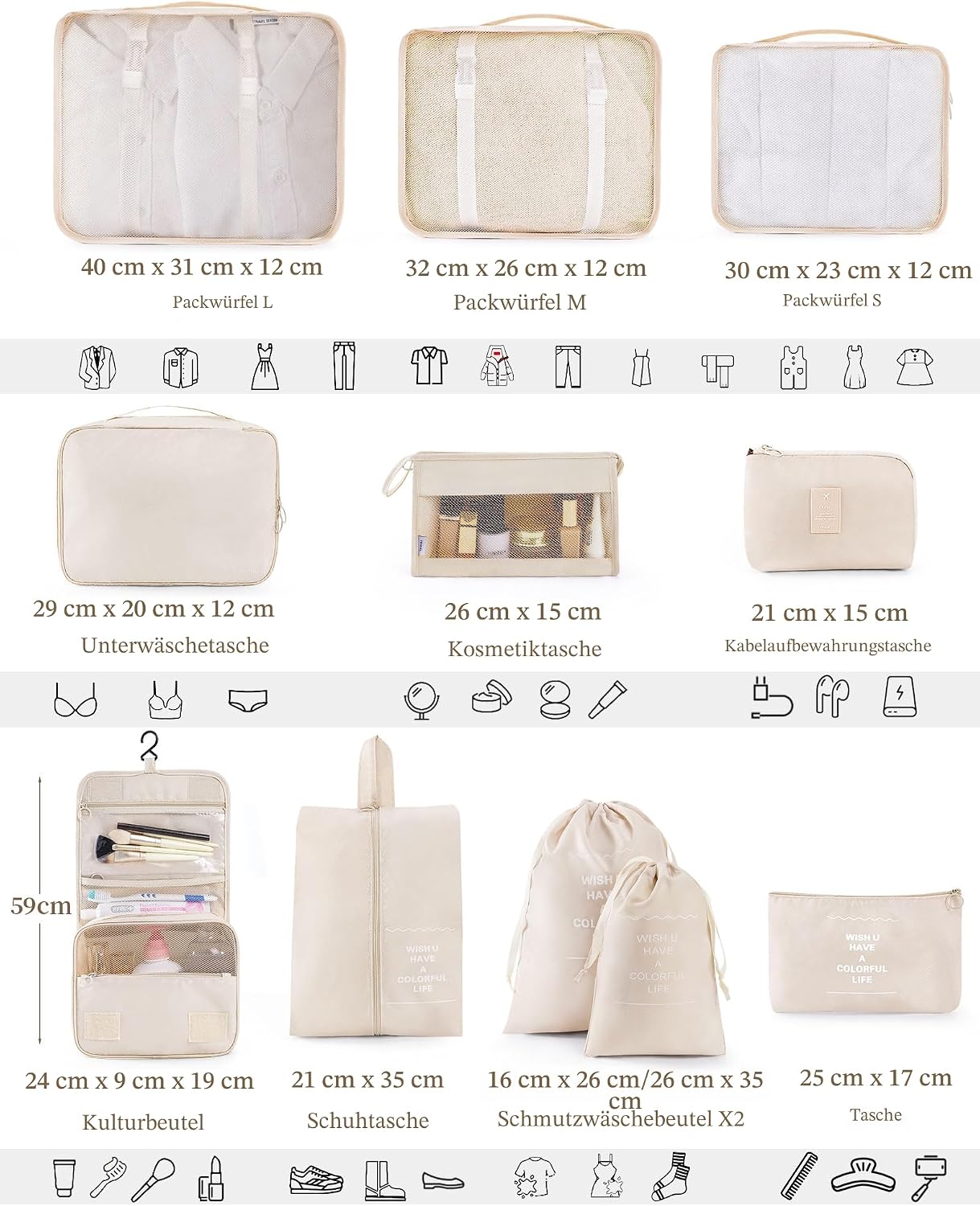 11‑teiliges Koffer Organizer Set Reise Packwuerfel mit Kulturbeutel