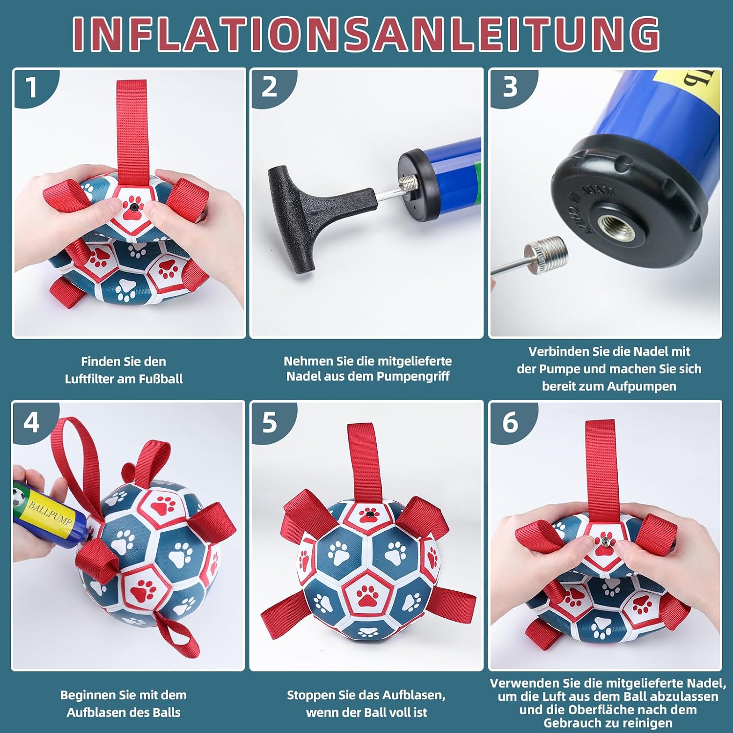 HETOO Hundeball mit Griff 8 Zoll Rot/Blau, interaktives Hundespielzeug S-XL