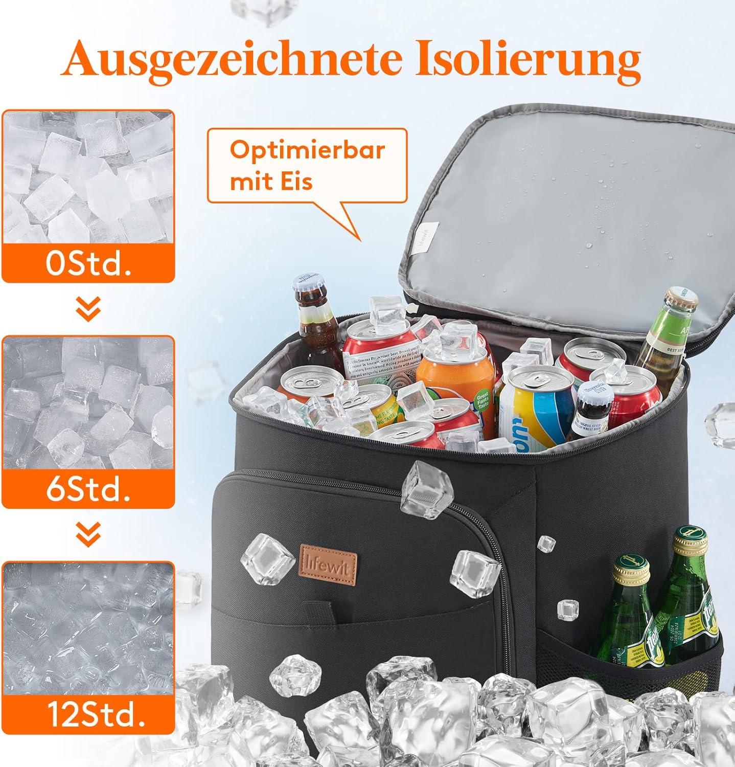 Lifewit Kuehltasche / 34 Dosen, isoliert, auslaufsicher, grau