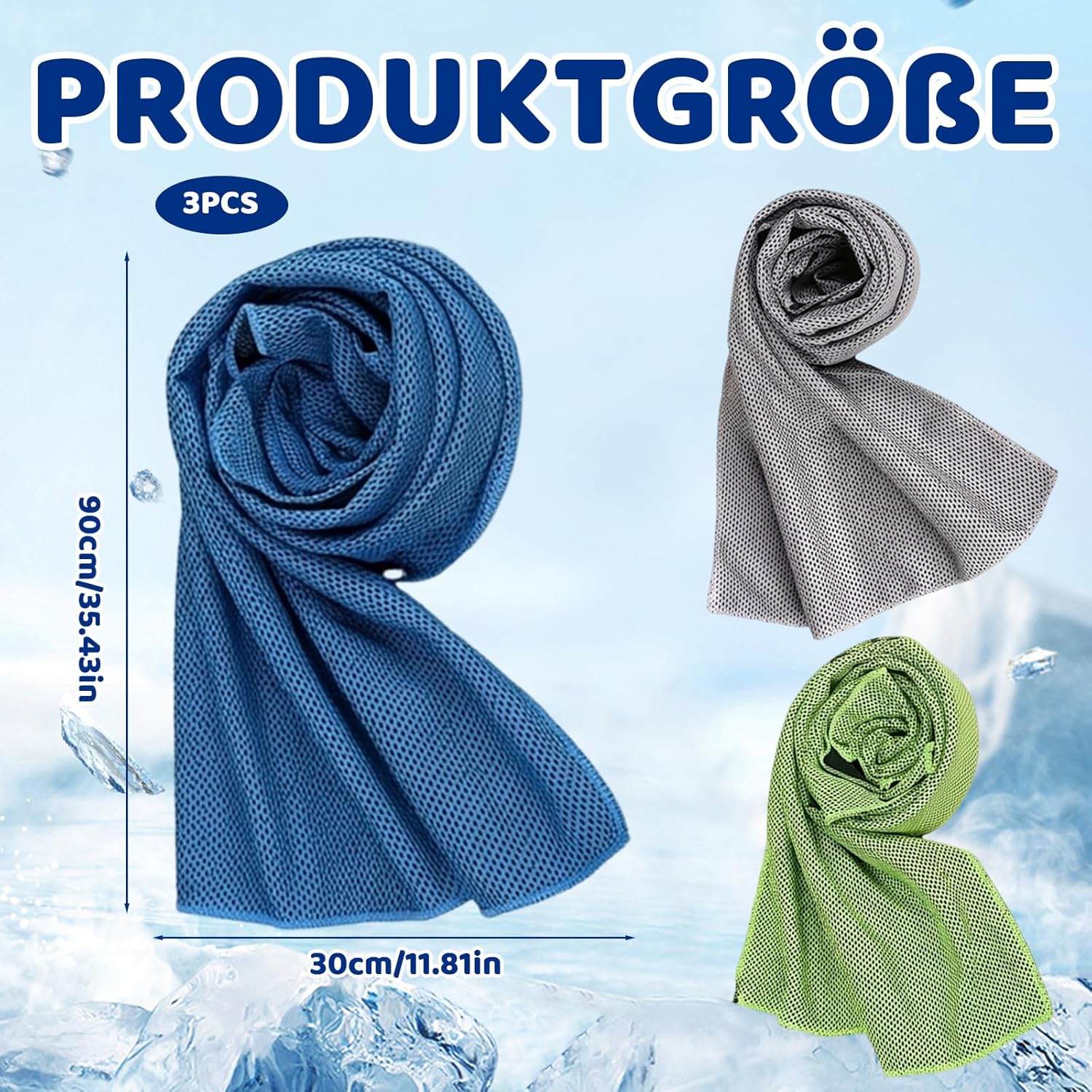 Kuehltuecher 3er Set Cooling Towel Grau Blau Gruen Kuehlhandtuch Sport Handtuch Kuehl