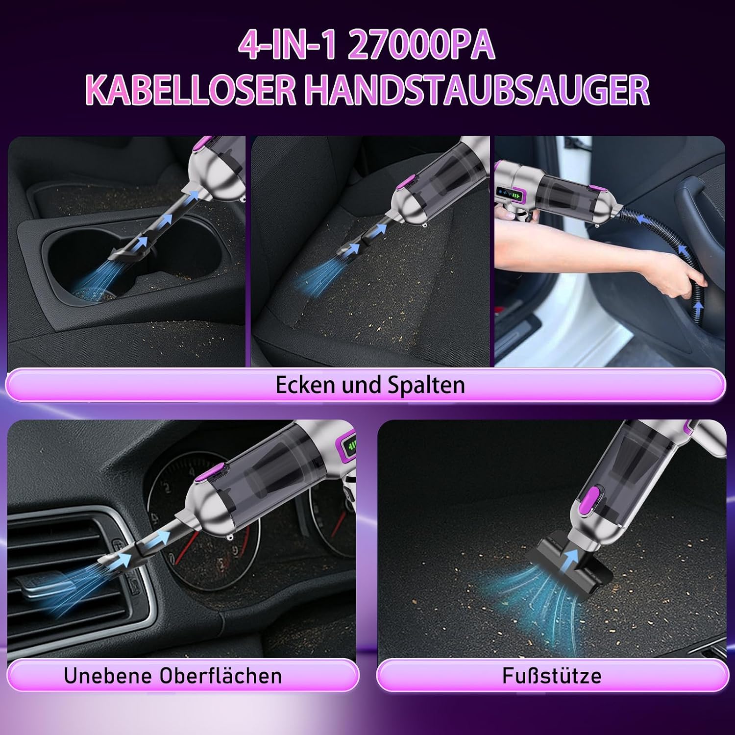 Akku-Handstaubsauger kabellos 27000 Pa Mini Autostaubsauger wiederaufladbar