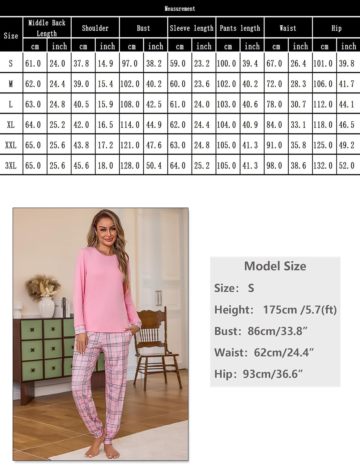 Litherday Damen Schlafanzug lang Baumwolle kariert mit Tasche S-XXL