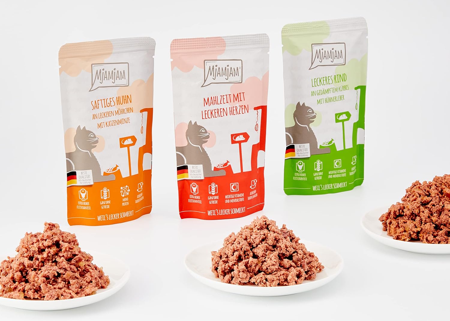 MjAMjAM Premium Katzen Nassfutter Mixpaket I 12x125g Huhn Rind Herzen getreidefr