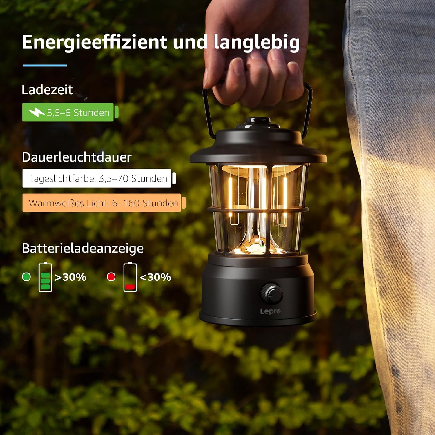 Lepro LED Retro Campinglampe wiederaufladbar dimmbar Powerbank IPX4 schwarz