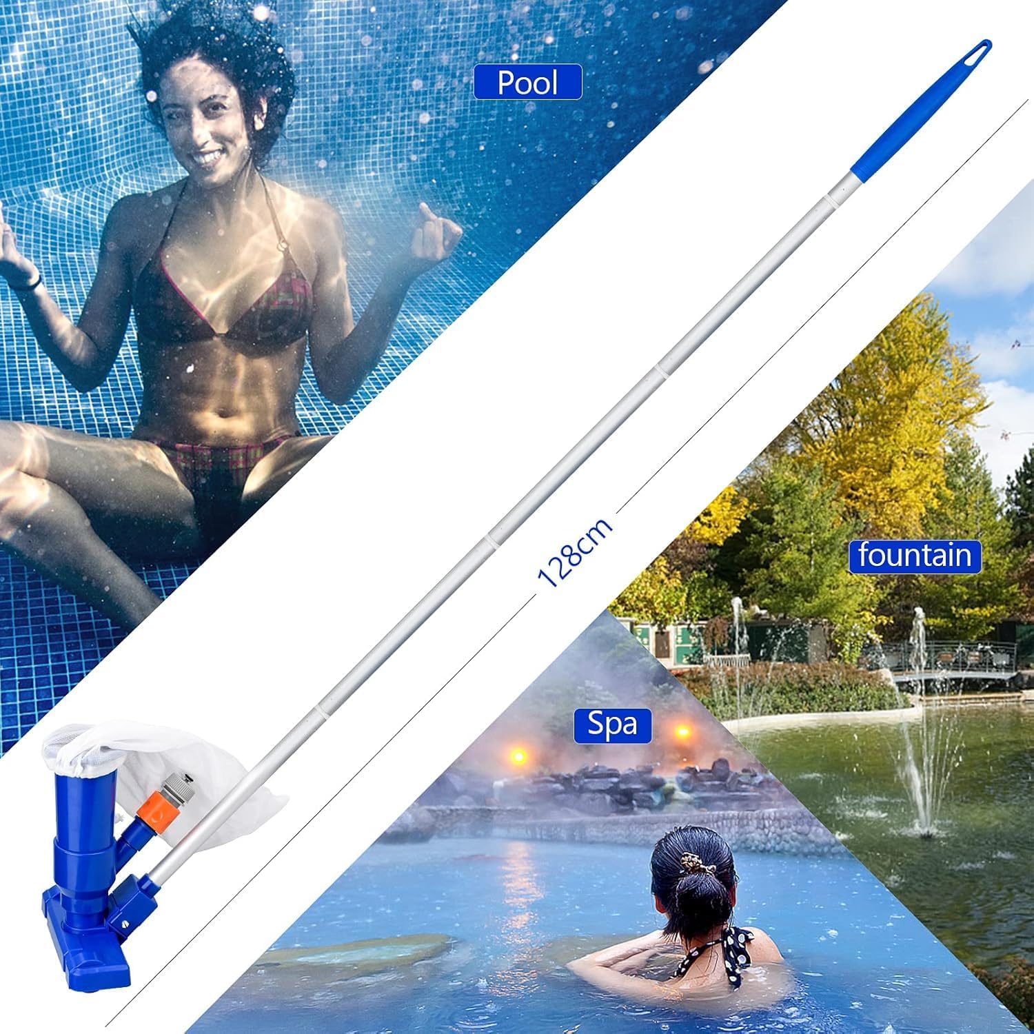 Bapao Pool-Bodensauger Set mit Teleskop-Aluminiumstange, Saugbuerste, Netzbeutel