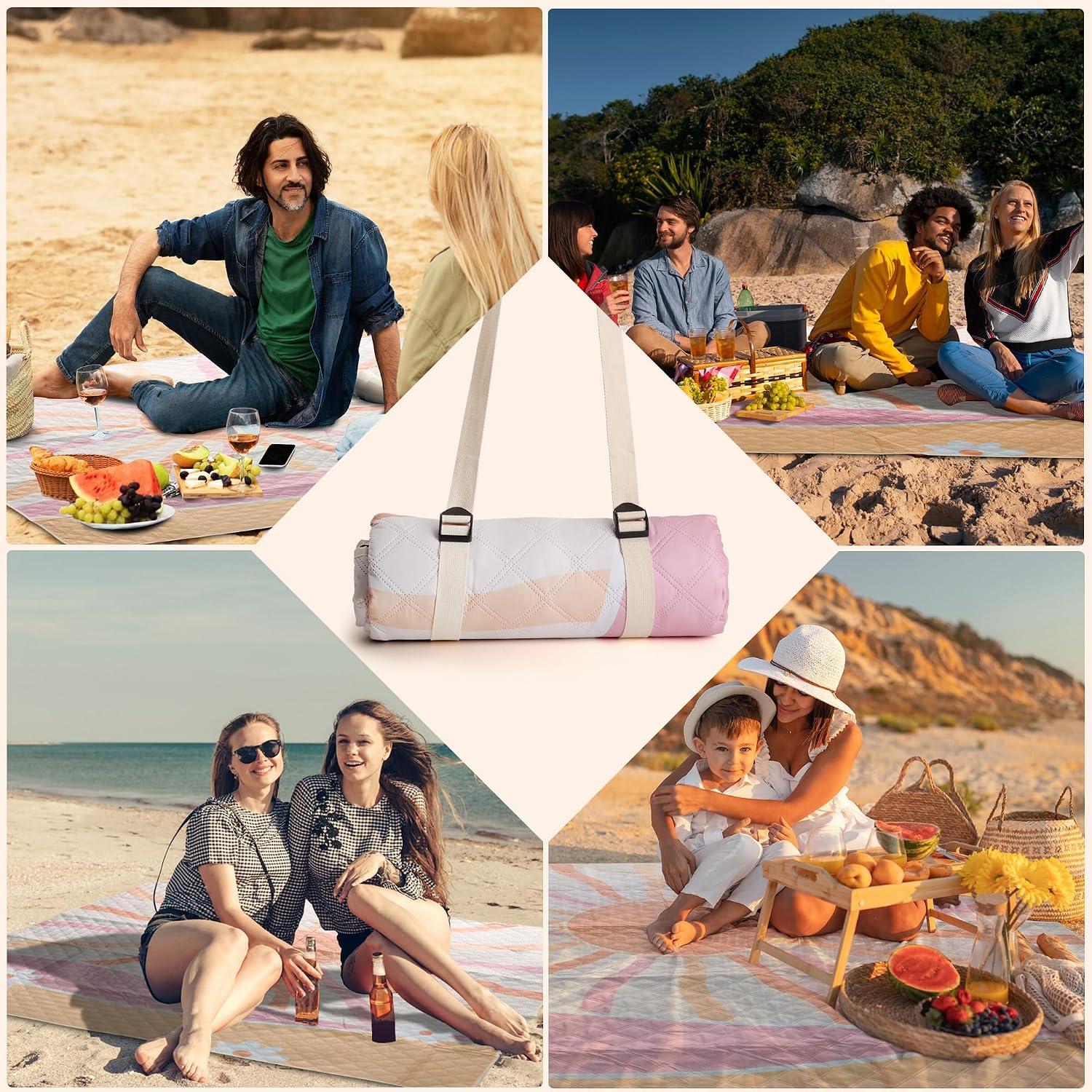 LARUTAN Strand- und Picknickdecke 200 x 200 cm wasserdicht mit Tragegurt 200cm-3
