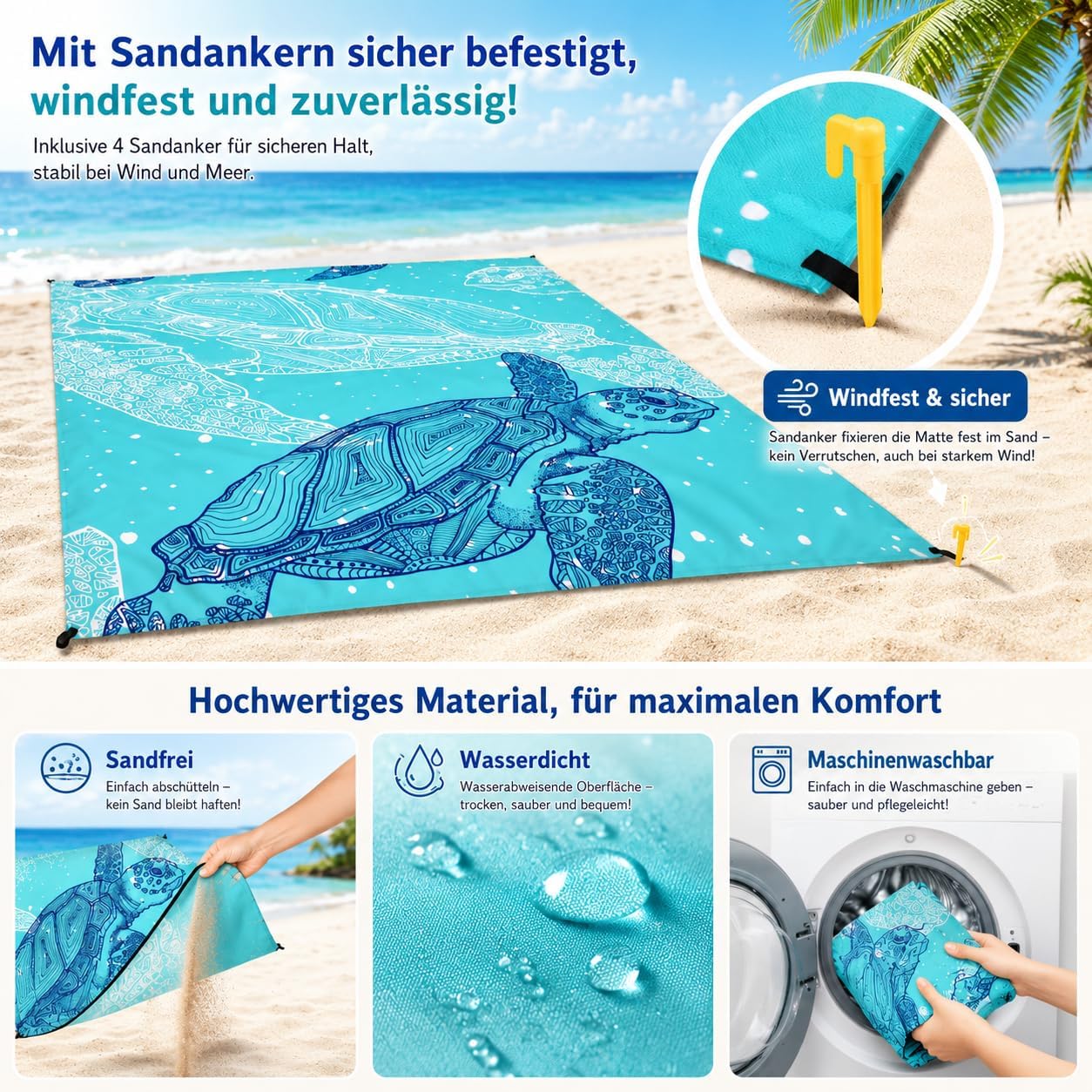Siegvoll Stranddecke 200x140 cm sandfrei wasserdicht ultraleicht faltbar