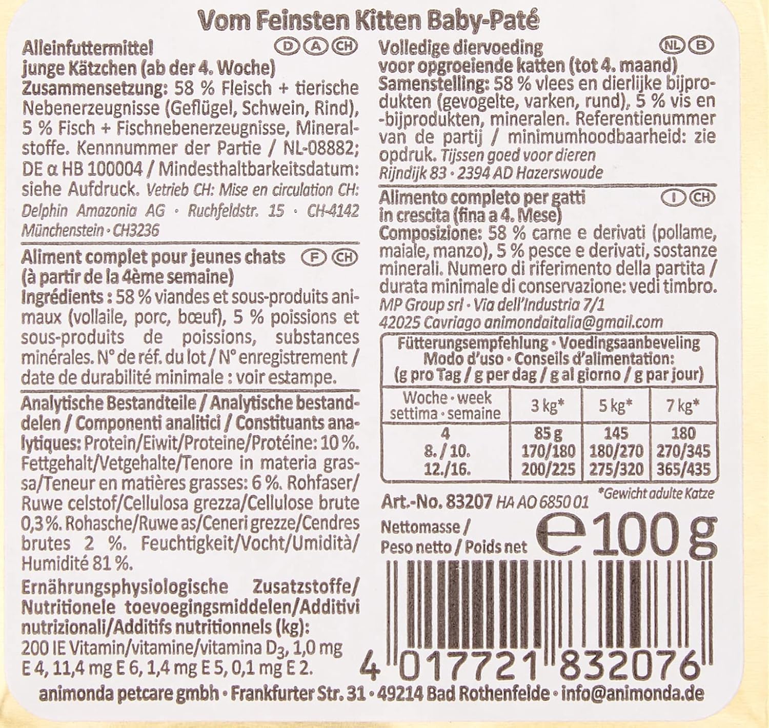 animonda Vom Feinsten Kitten Paté, Nassfutter fuer Kaetzchen, verschiedene So