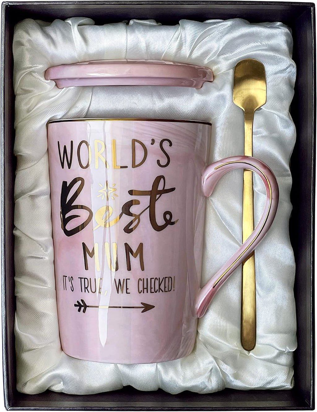 Tasse rosa Marmor mit Deckel Loeffel Geschenkbox Muttertag