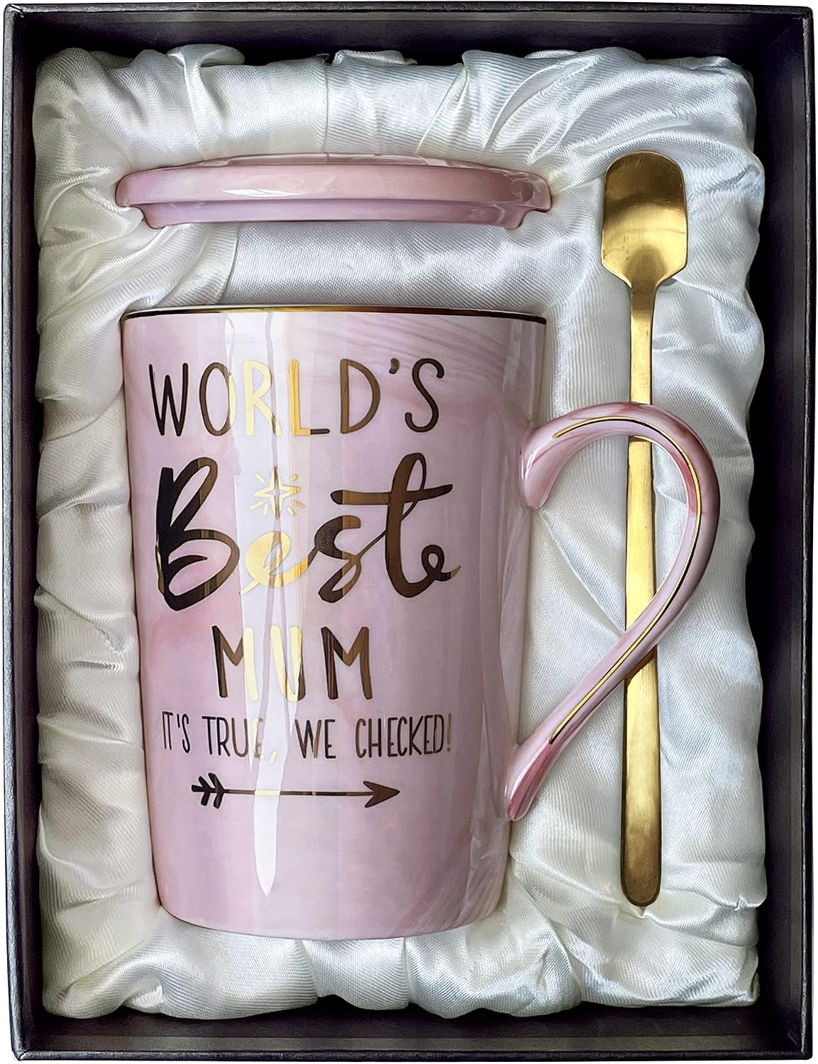 Tasse rosa Marmor mit Deckel Loeffel Geschenkbox Muttertag