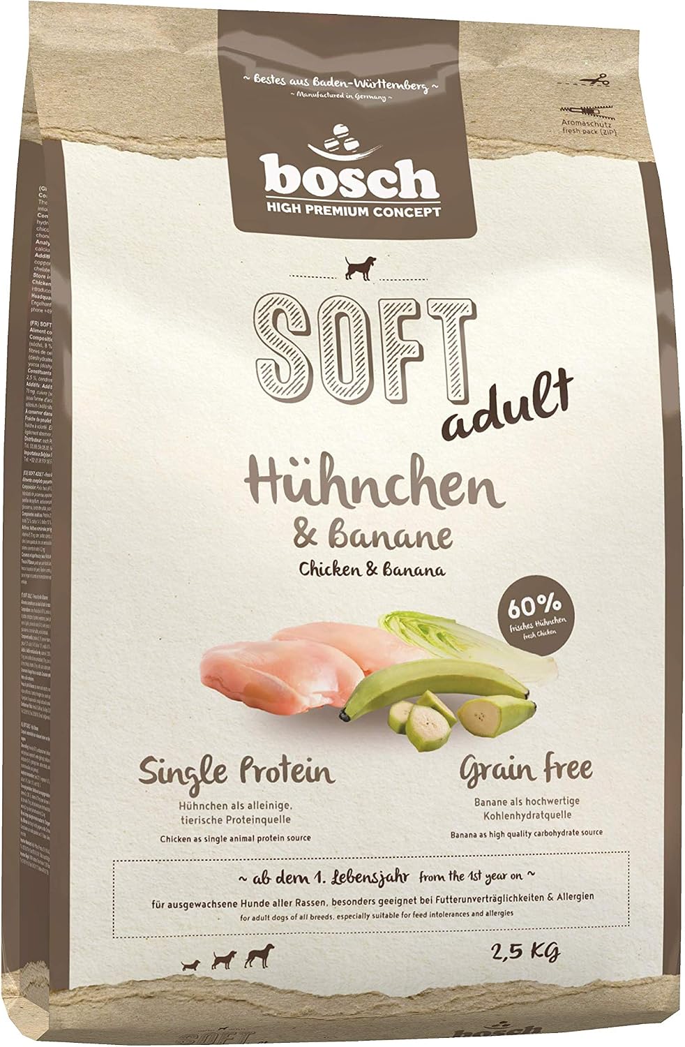Hundefutter halbfeucht Huehnchen Banane 1- Single Protein grain-free verschie