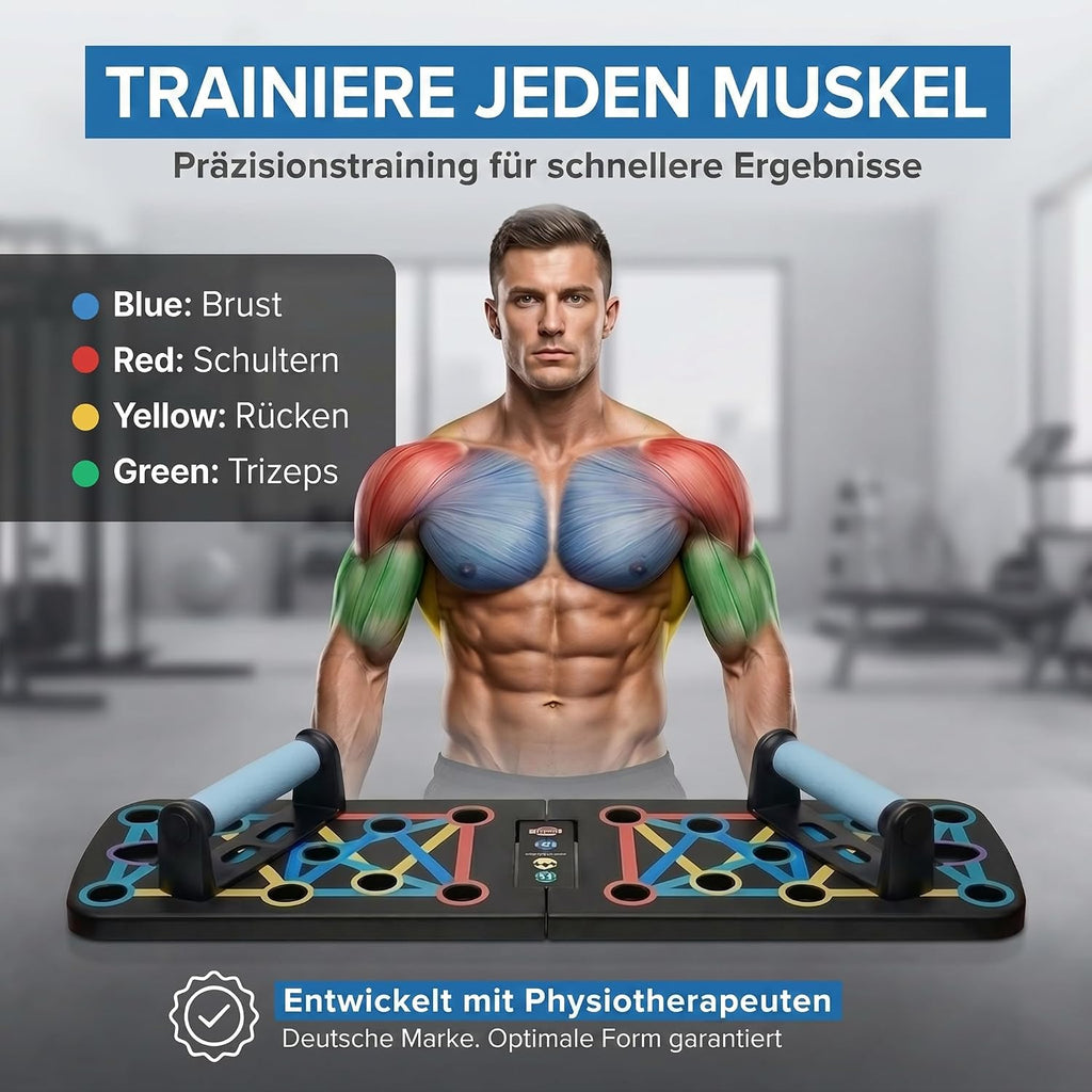Body & Mind Push-Up Liegestuetz-Brett faltbar mit Griffen, Trainingsbaendern, E-Bo