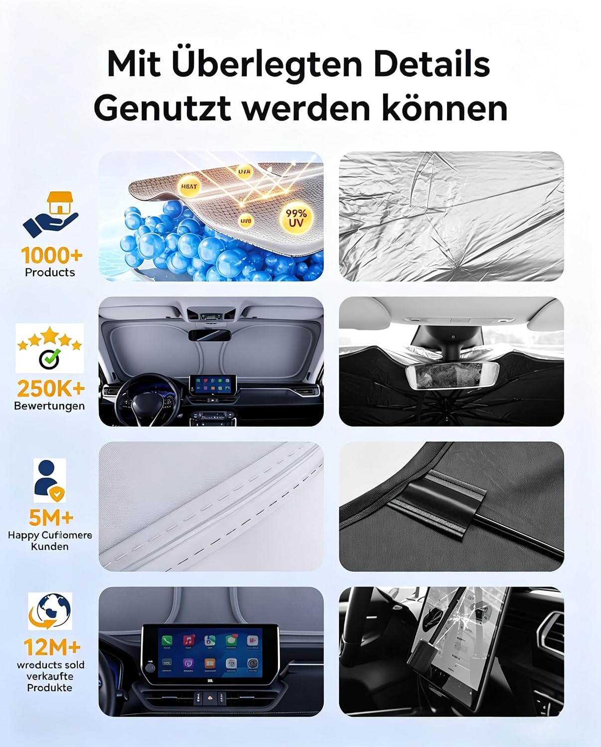 Sonnenschutz fuer Frontscheibe 163×82 cm Hitzeschutz Sonnenblende Windschutzschei