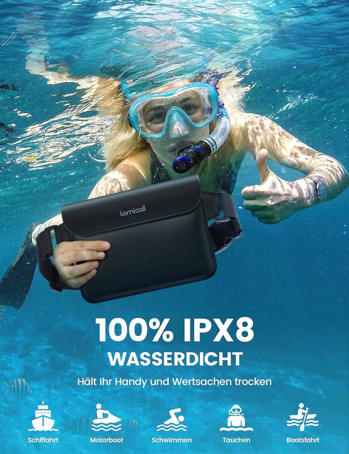 Lamicall wasserdichte Bauchtasche IPX8 mit verstellbarem Band, 2er Set Schwarz