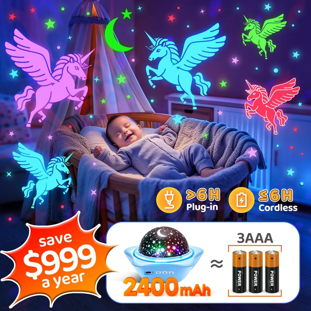 One Fire Sternenhimmel Projektor 90 Lichtmodi, 6 Filme, 360° Drehung, 2400mAh Ak