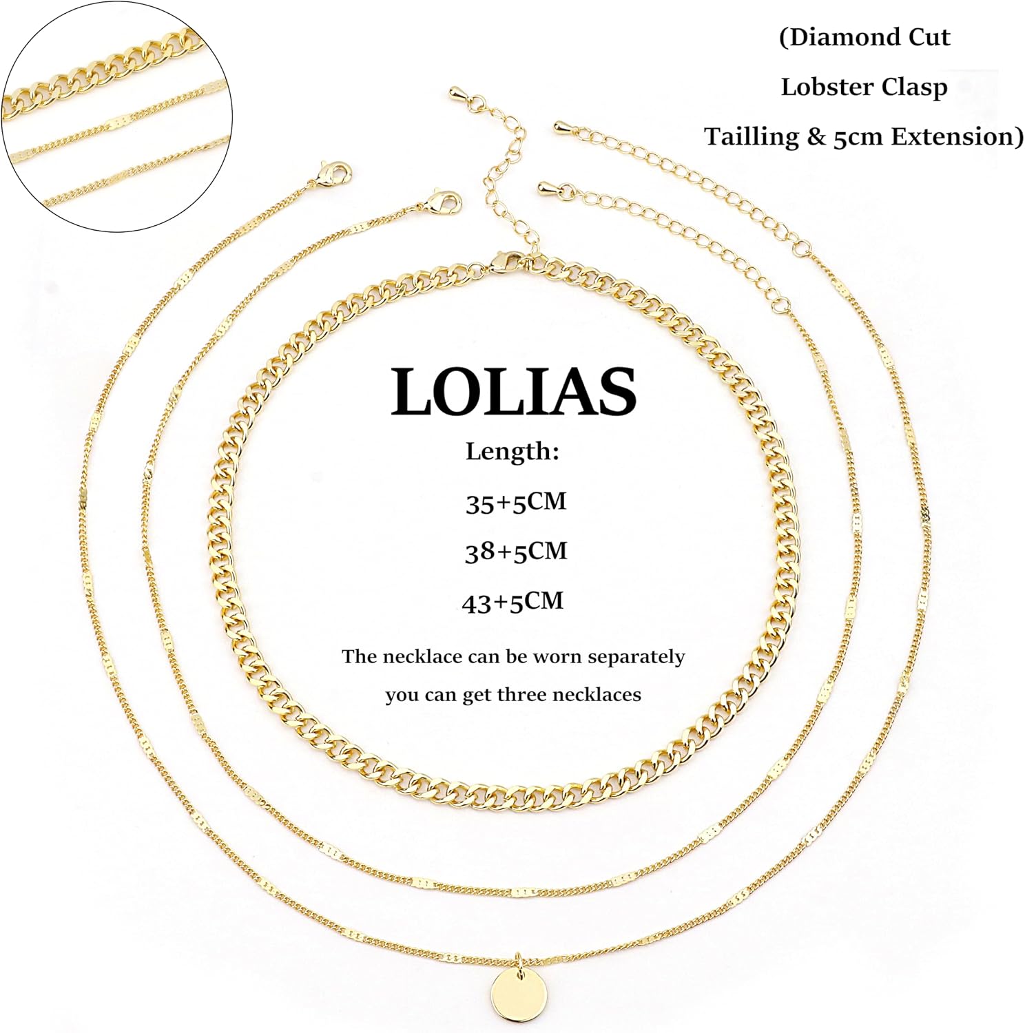 LOLIAS Damenkette 3er Set Gold Roségold Silber Layering mit Anhaengern