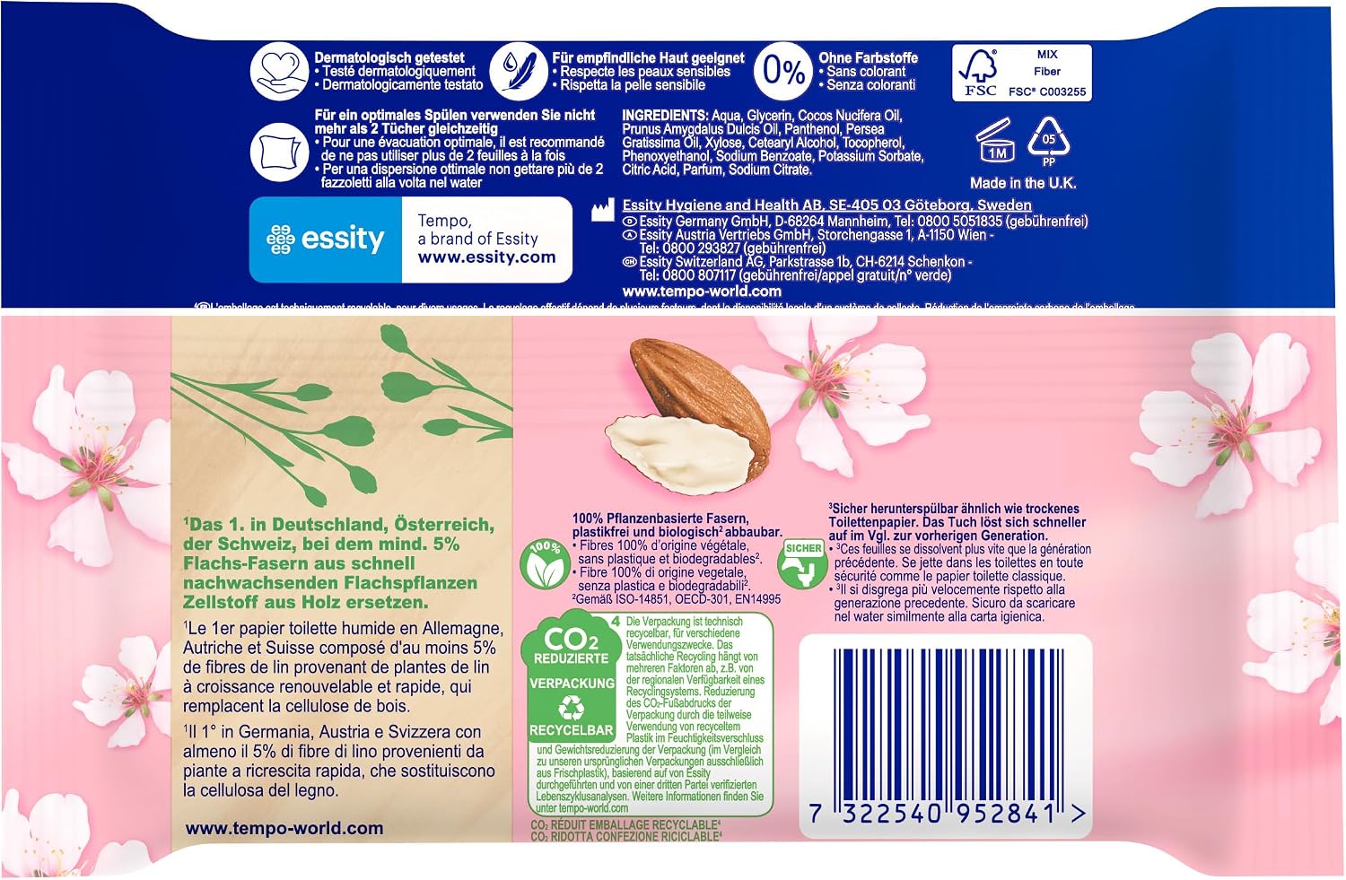 Feuchtes Toilettenpapier Mandelmilch Panthenol 16er Pack (8x2x42)