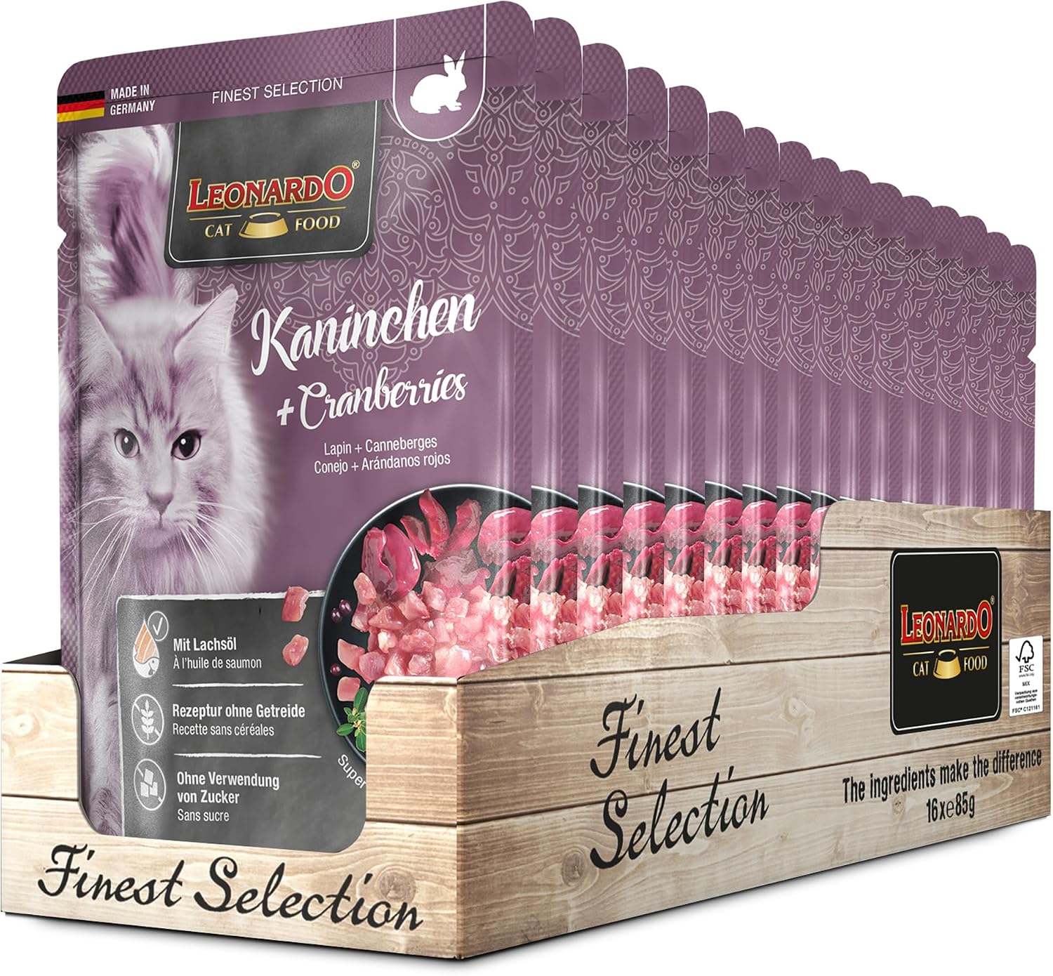 LEONARDO Katzenfutter nass Finest Selection 6x85g Huhn Fasan Kaninchen Ente Kalb