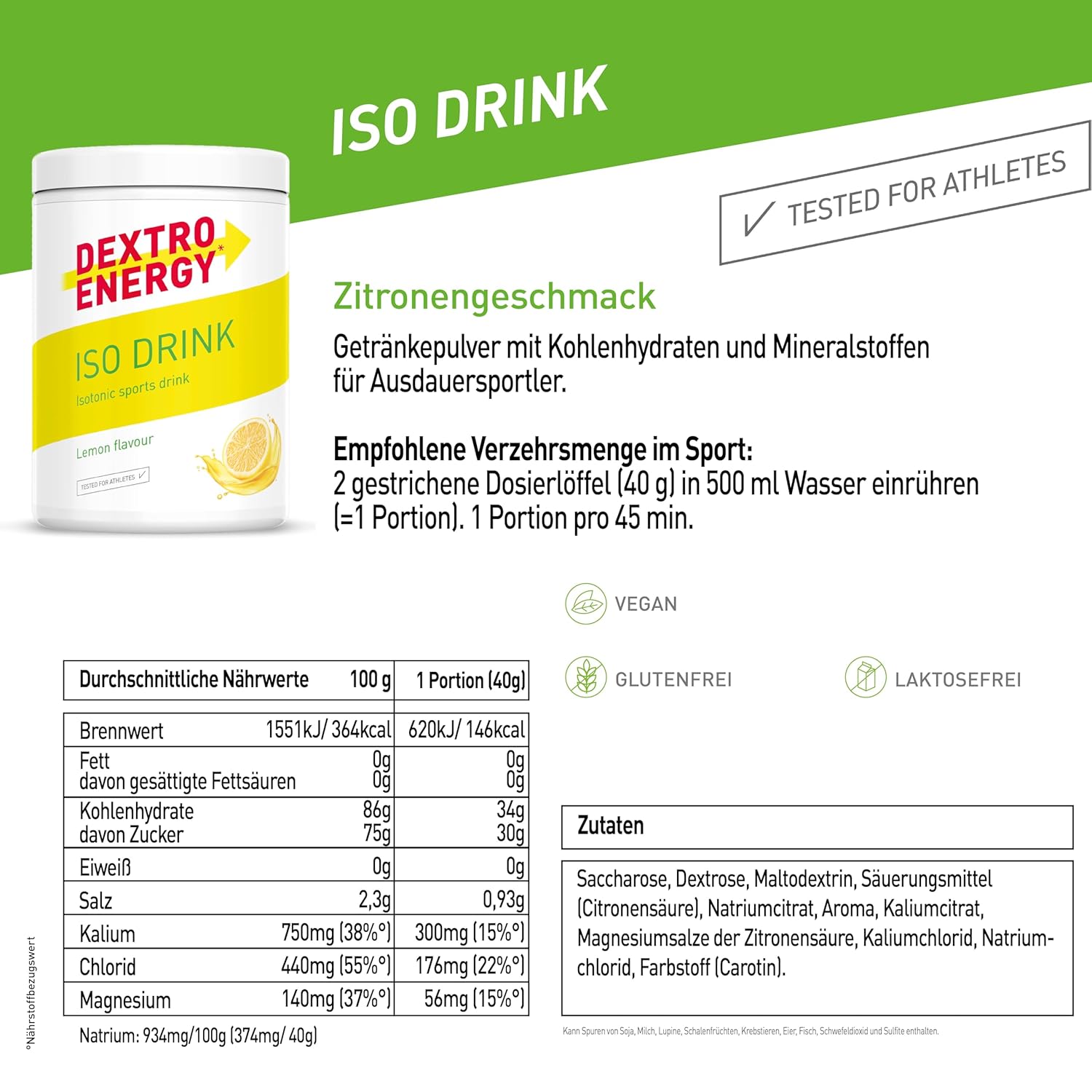 Dextro Energy Iso Drink Elektrolyte Lemon mit Natrium Magnesium Kalium vers