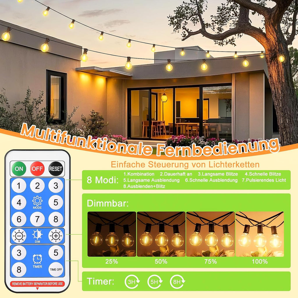 Solar Lichterkette aussen 15m G40 LED 21 Birnen dimmbar 8 Modi mit Fernbedienung