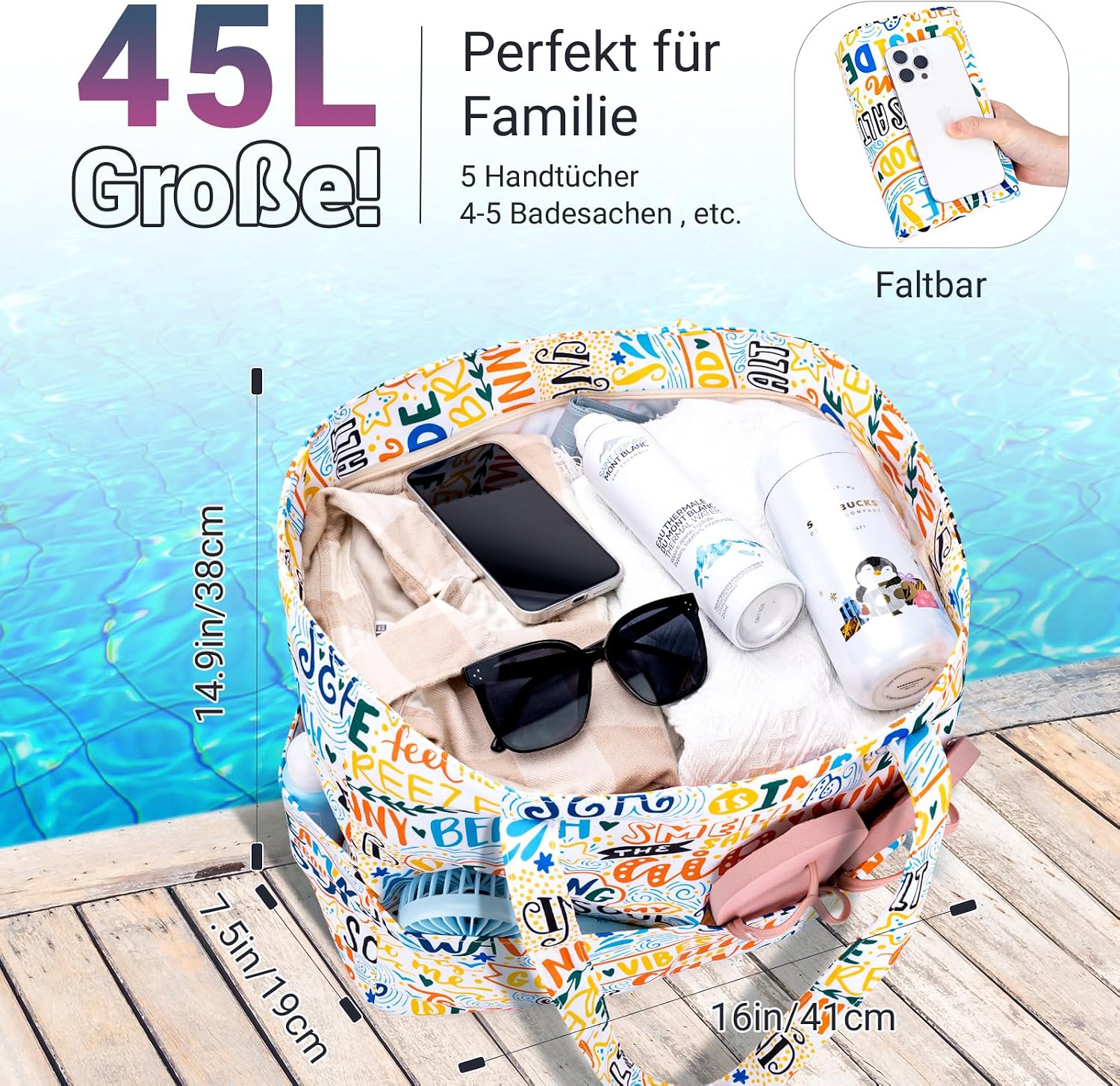 Strandtasche XXL mit Reissverschluss Shopper faltbar Grosse Badetasche Reise
