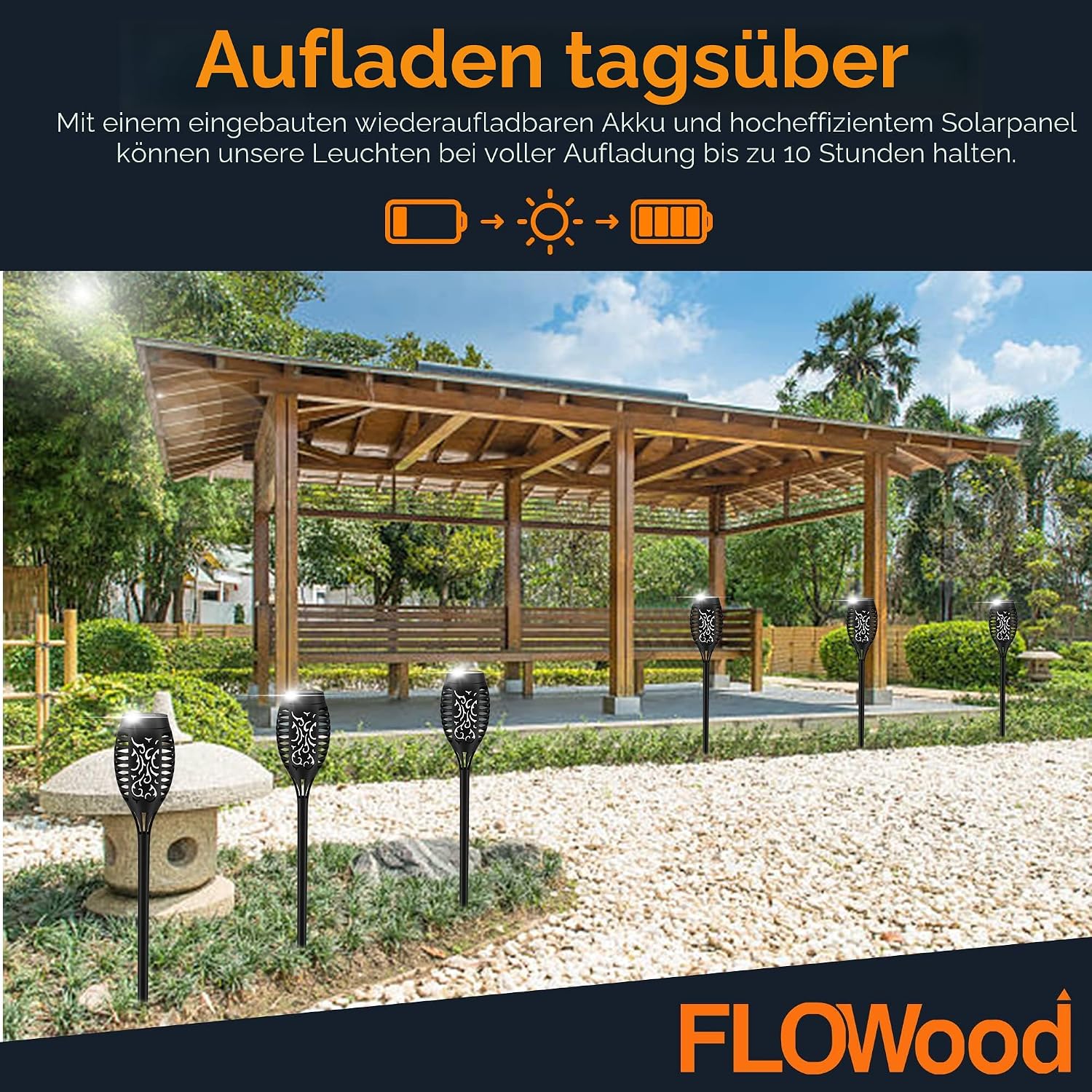 FLOWood 6er Solar Fackeln Garten LED Solarlampe IP65 wasserdicht Wegleuchte