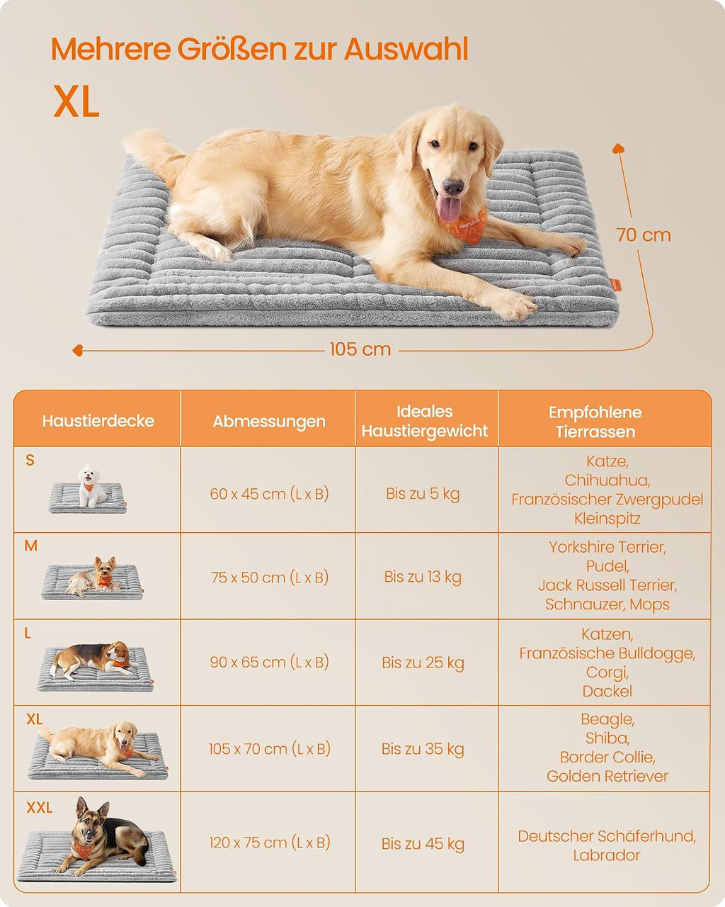 Feandrea Hundedecke taubengrau 45cm-75cm waschbar fuer Hunde Katzen S