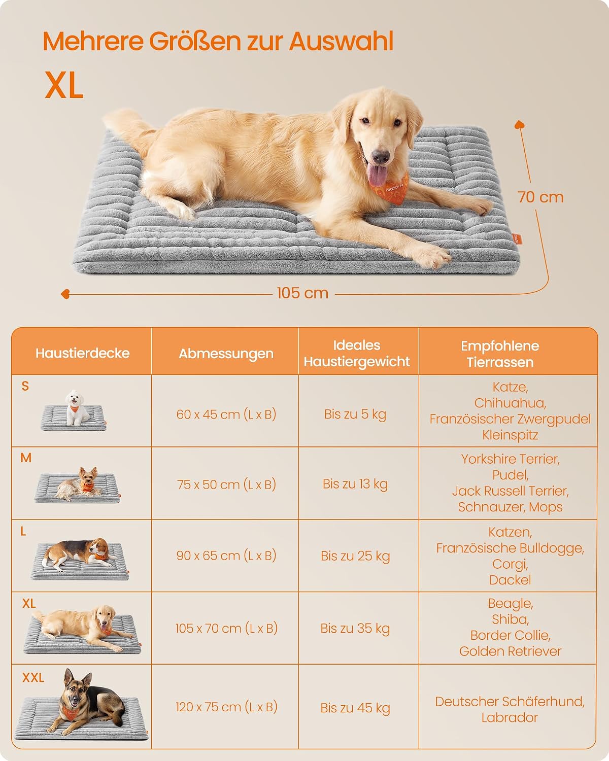 Feandrea Hundedecke taubengrau 45cm-75cm waschbar fuer Hunde Katzen S