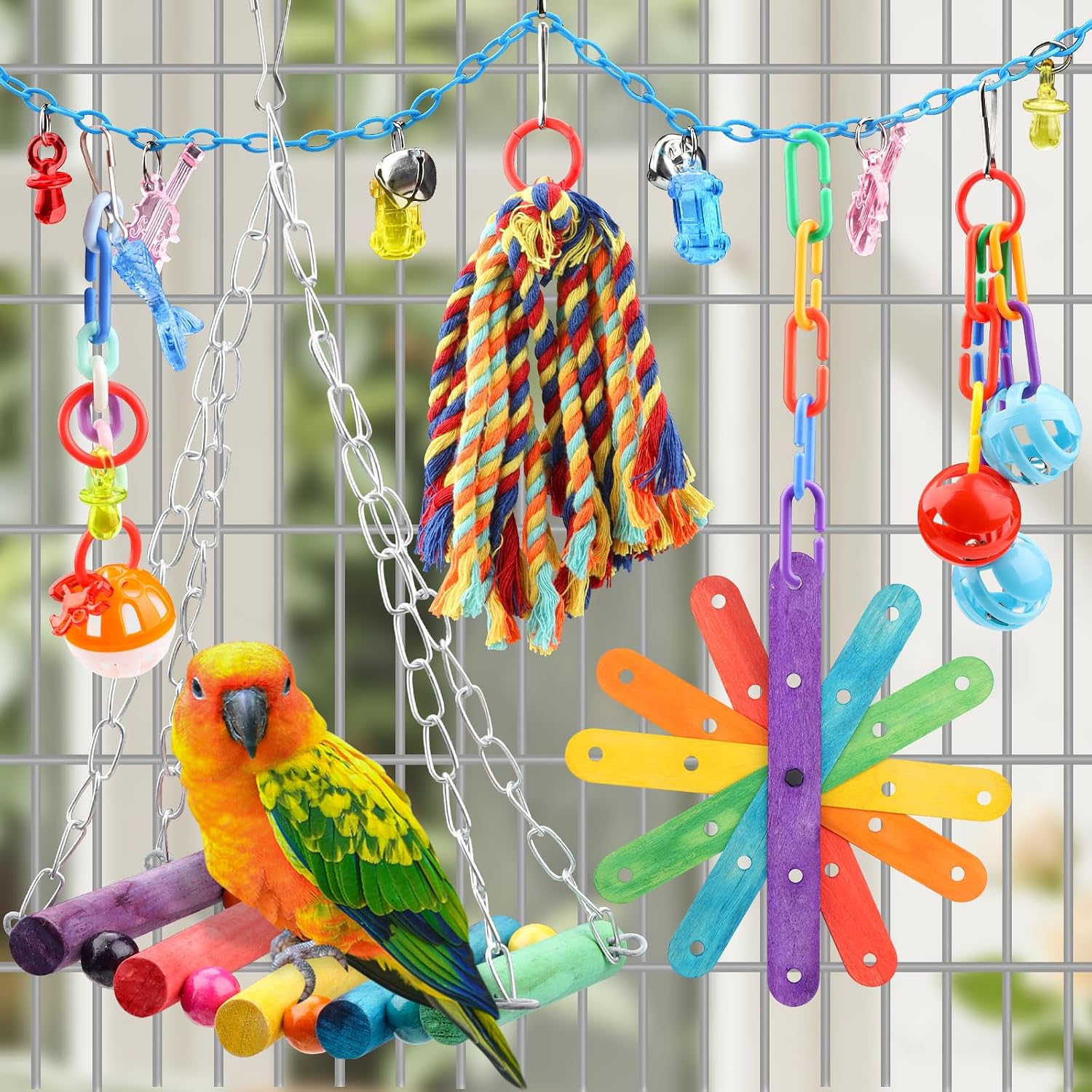 9-teiliges Vogelspielzeug Set Holzschaukel Leiter für Papagei Wellensittich