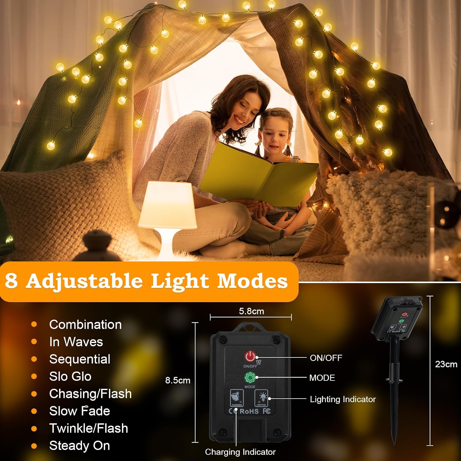 Solar Lichterkette 60 LED Warmweiss 3m+10,2m IP65 8 Modi fuer Garten Balkon