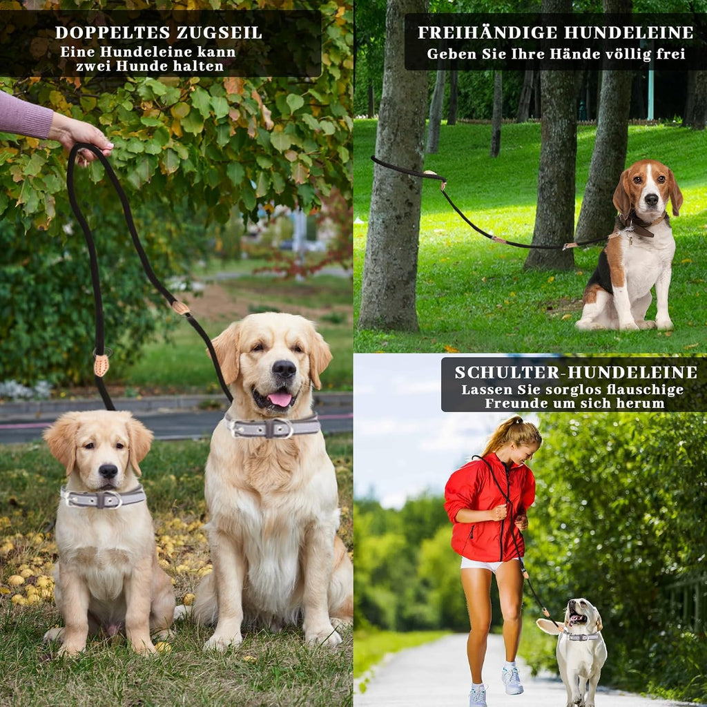 Multifunktions Hundeleine 2,1 m Nylon Beige mit 2 Karabinern fuer 2 Hunde