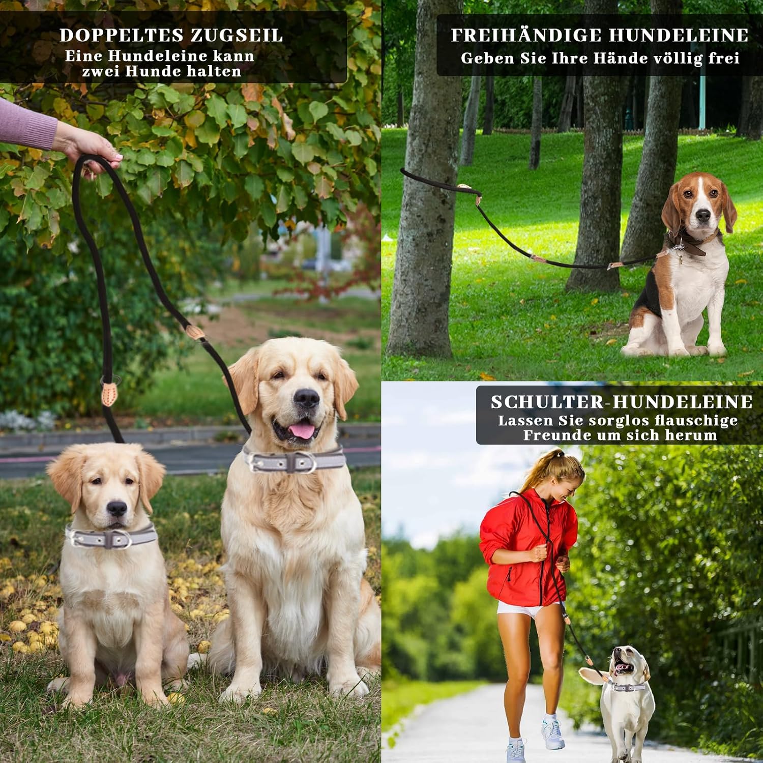 Multifunktions Hundeleine 2,1 m Nylon Beige mit 2 Karabinern fuer 2 Hunde