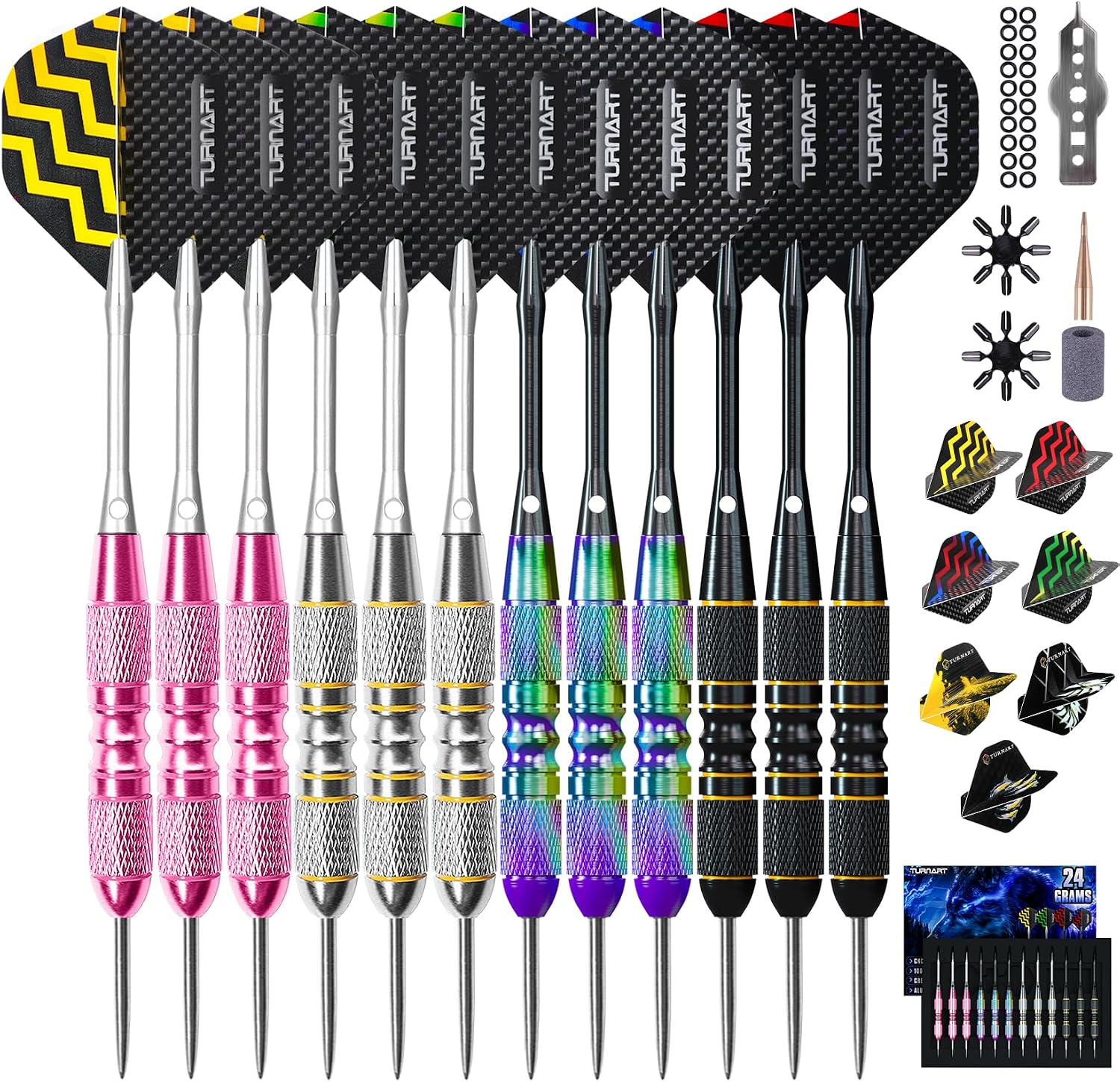 Turnart Steeldarts 12 Stueck mit Metallspitze und Dartcase Profi-Set