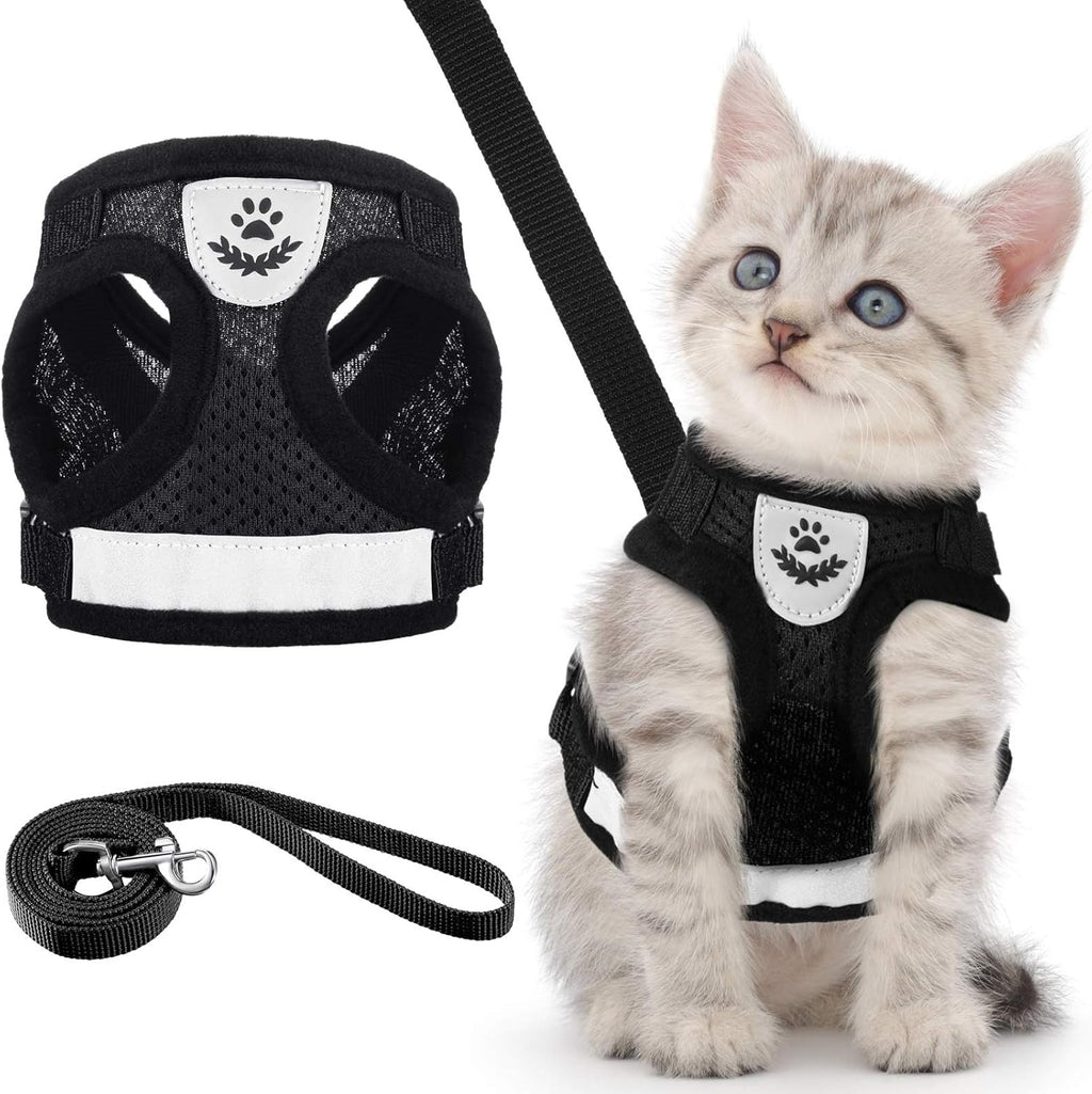 Welpen Katzen Geschirr mit Leine aus atmungsaktivem Mesh, verstellbar XS Schwarz