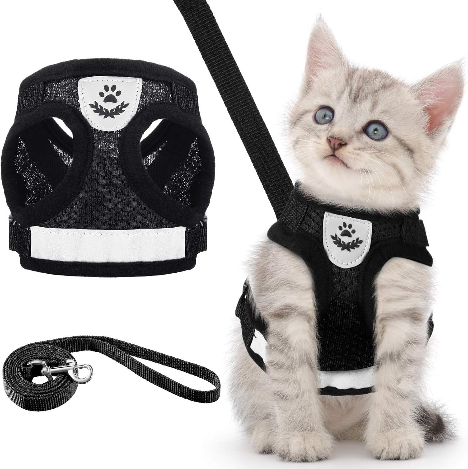 Welpen Katzen Geschirr mit Leine aus atmungsaktivem Mesh, verstellbar XS Schwarz