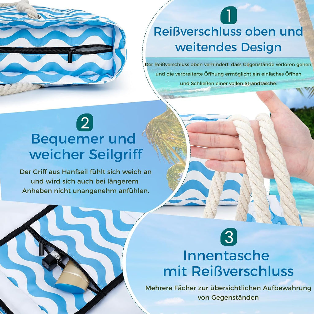 benpen Strandtasche XXL mit Reissverschluss Damen Faltbar Grosse Badetasche