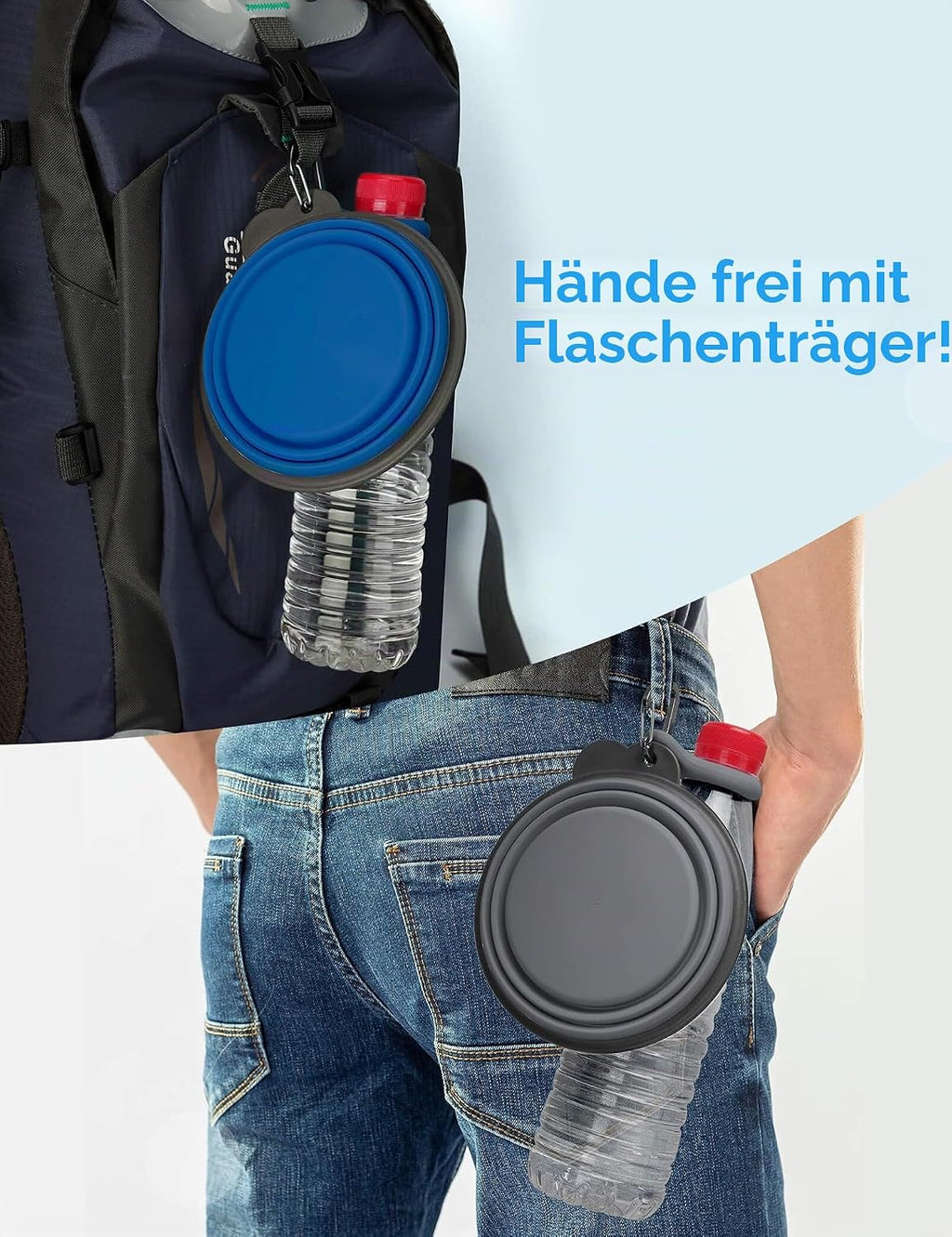 Heouvo faltbarer Hundenapf 2er Set mit Flaschentraeger und Karabiner