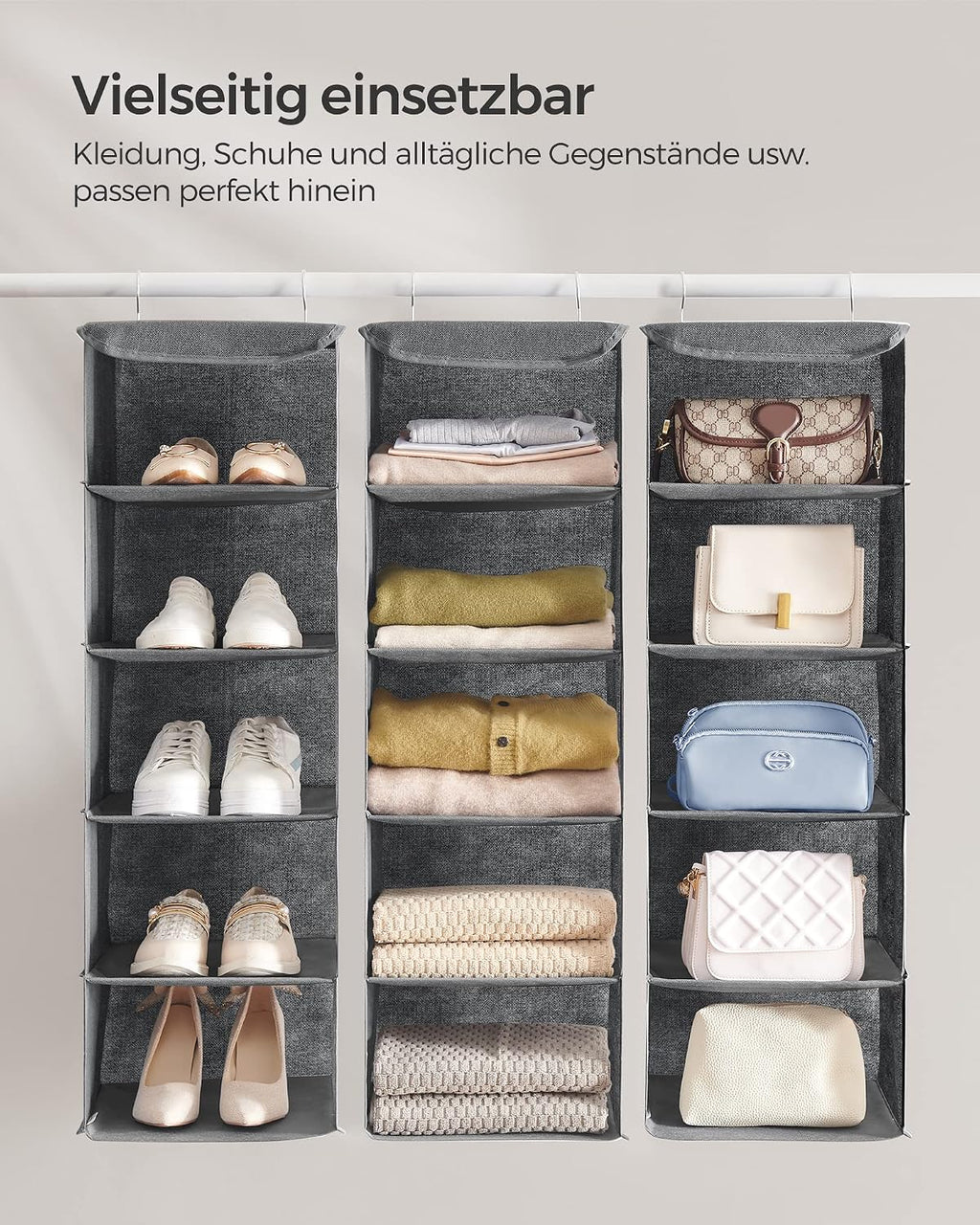 SONGMICS Haengeorganizer 4 Faecher faltbar Kleiderschrank Regal Hellgrau