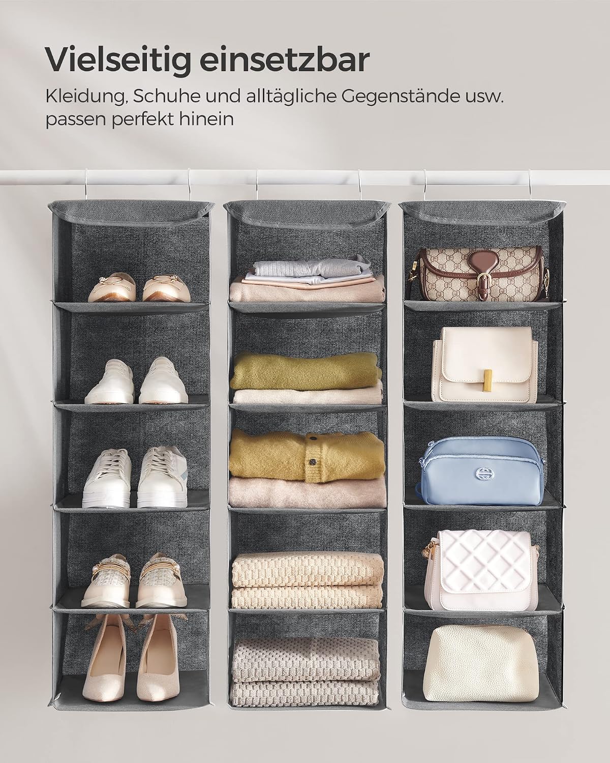 SONGMICS Haengeorganizer 4 Faecher faltbar Kleiderschrank Regal Hellgrau