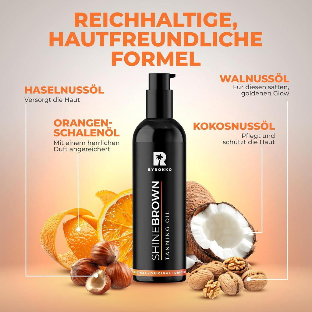 BYROKKO Shine Brown Braeunungsoel 150 ml fuer Sonne & Solarium mit Kokos Walnuss Ha