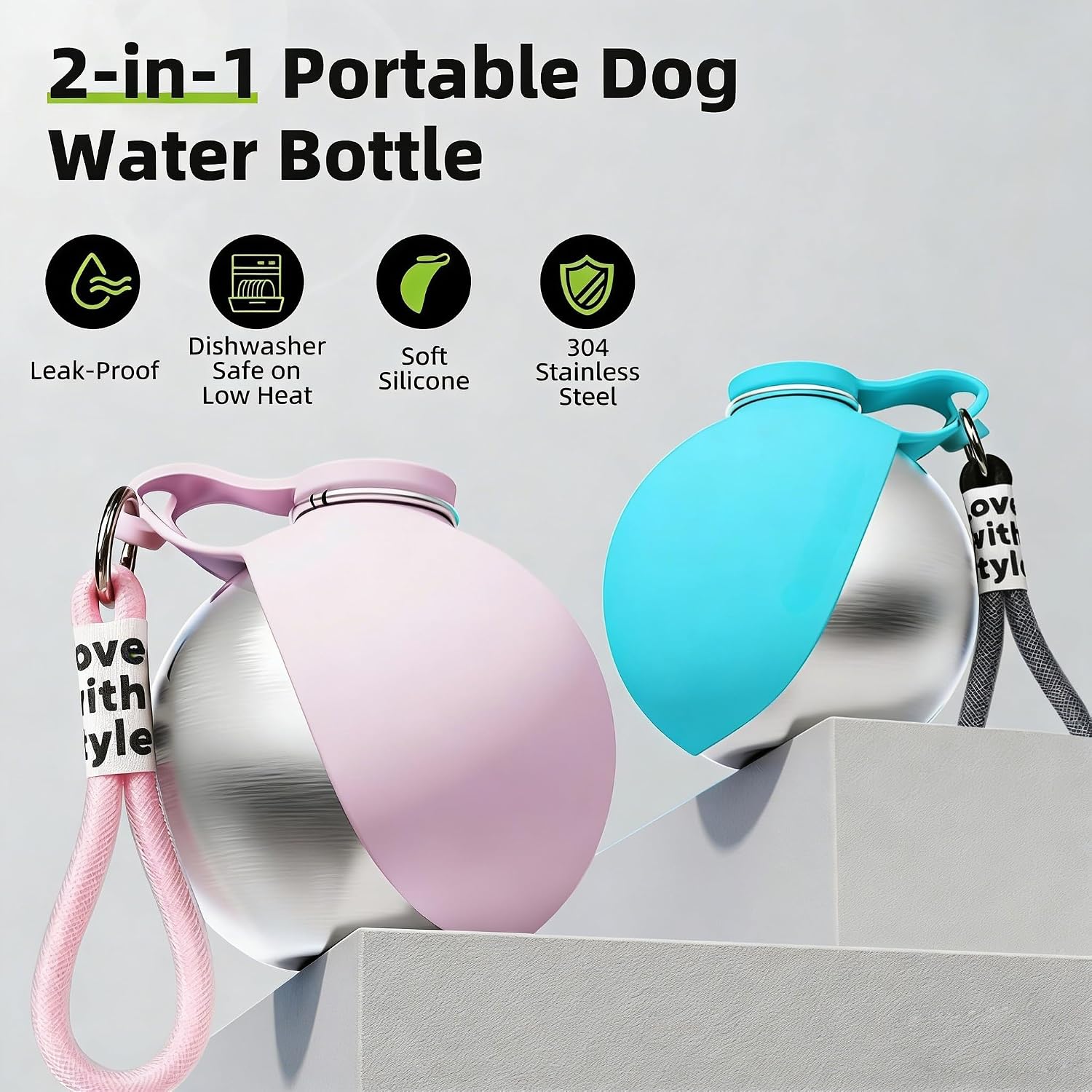 Hunde Trinkflasche Edelstahl mit faltbarem Silikonnapf Auslaufsicher Rosa