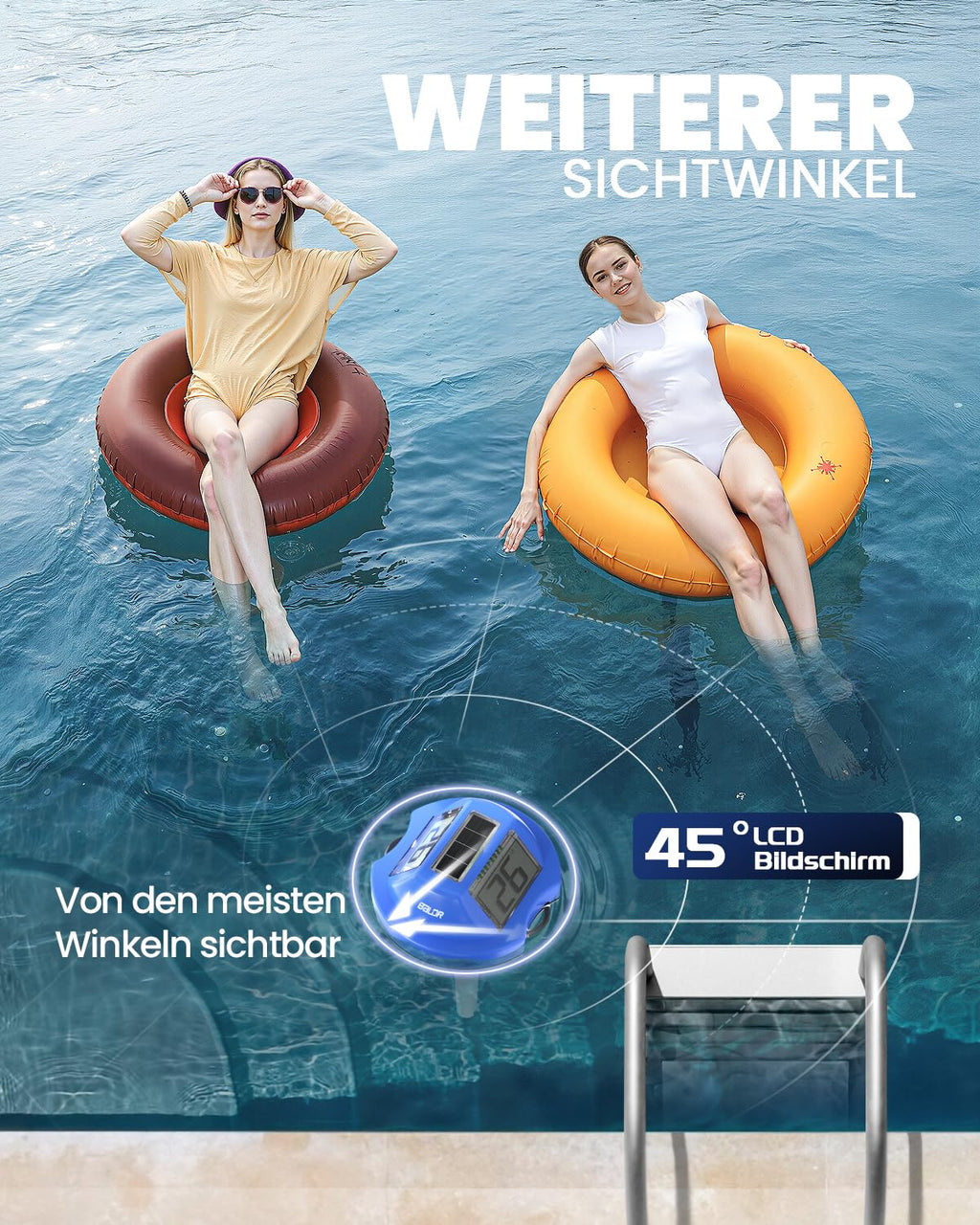 BALDR Solarschwimmer Poolthermometer mit zwei Displays, IPX7 wasserdicht