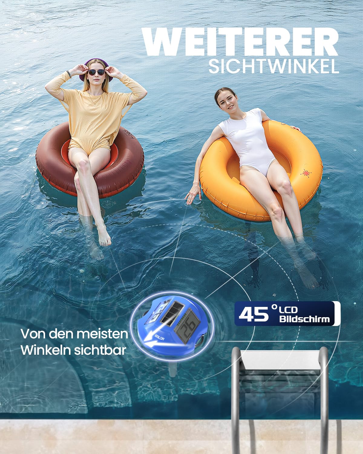 BALDR Solarschwimmer Poolthermometer mit zwei Displays, IPX7 wasserdicht