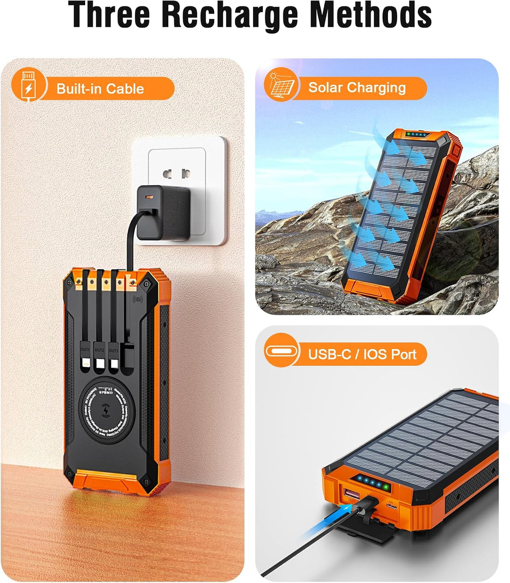 Solar Powerbank 26800 mAh, Wireless 15W, USB‑C Ein/Aus, integrierte 4 Kabel, Tas
