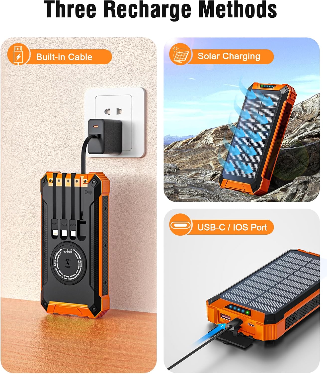 Solar Powerbank 26800 mAh, Wireless 15W, USB‑C Ein/Aus, integrierte 4 Kabel, Tas